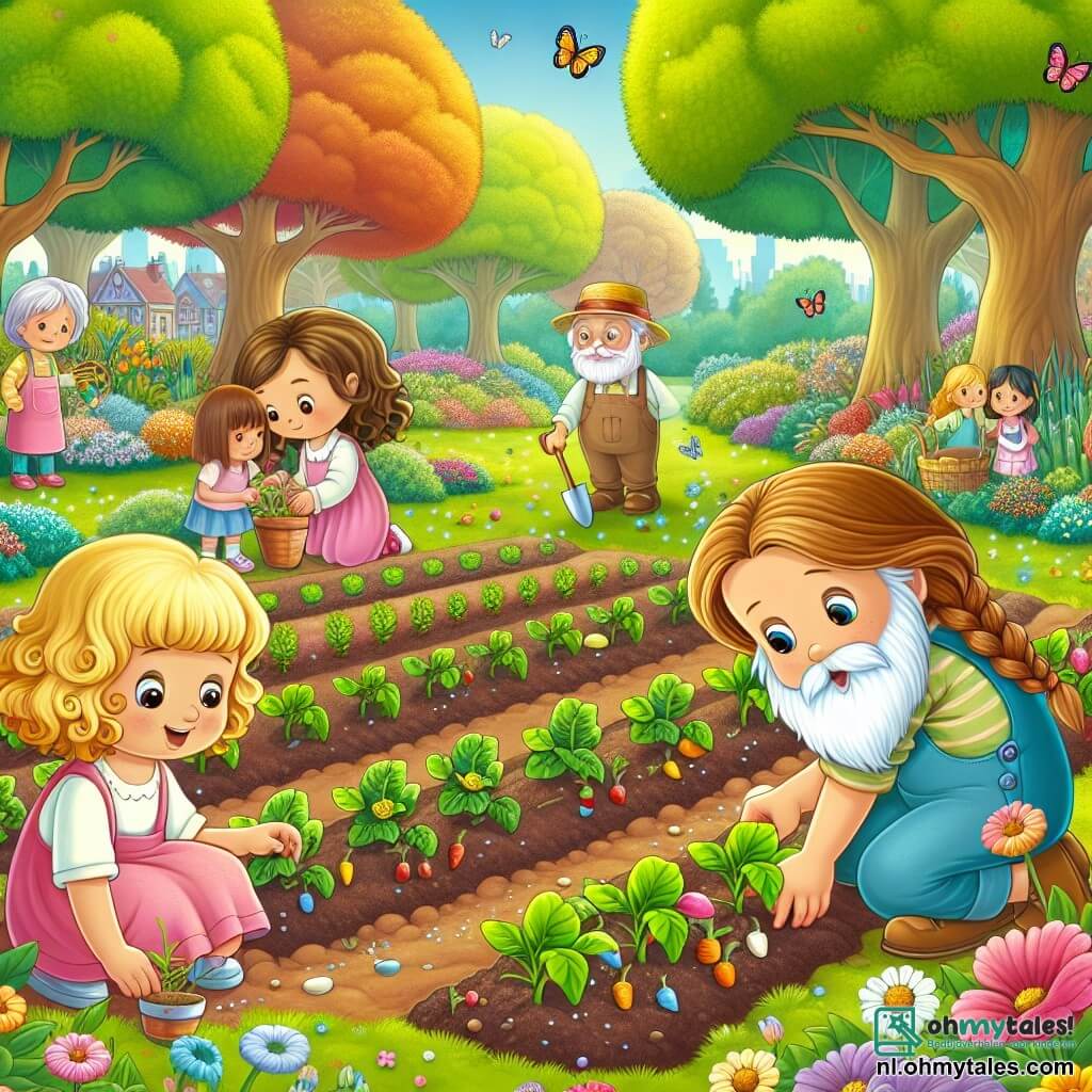 Illustratie van een park in volle bloei in de lente, met majestueuze bomen met stralend groene bladeren en kleurrijke bloemen verspreid over het gras. In het midden planten drie jonge meisjes, ongeveer 8 jaar oud, zaden in een moestuin. Een van de meisjes heeft blond, krullend haar, draagt een roze jurk en glimlacht vrolijk terwijl ze een klein tuingereedschap vasthoudt. Het tweede meisje heeft bruin, steil haar, draagt een gele t-shirt en kijkt aandachtig naar de grond, geconcentreerd op haar taak. Het derde meisje heeft kastanjebruin haar met een vlecht, draagt een blauwe overall en lijkt iets uit te leggen aan haar vriendinnen. Op de achtergrond kijkt een oudere man met een witte baard en een strohoed vriendelijk naar hen, omringd door rijen met groenten die volop groeien. Kleurrijke vlinders fladderen om hen heen en een nieuwsgierig konijntje kruipt door het gras, wat een vleugje magie aan deze lentescène toevoegt.