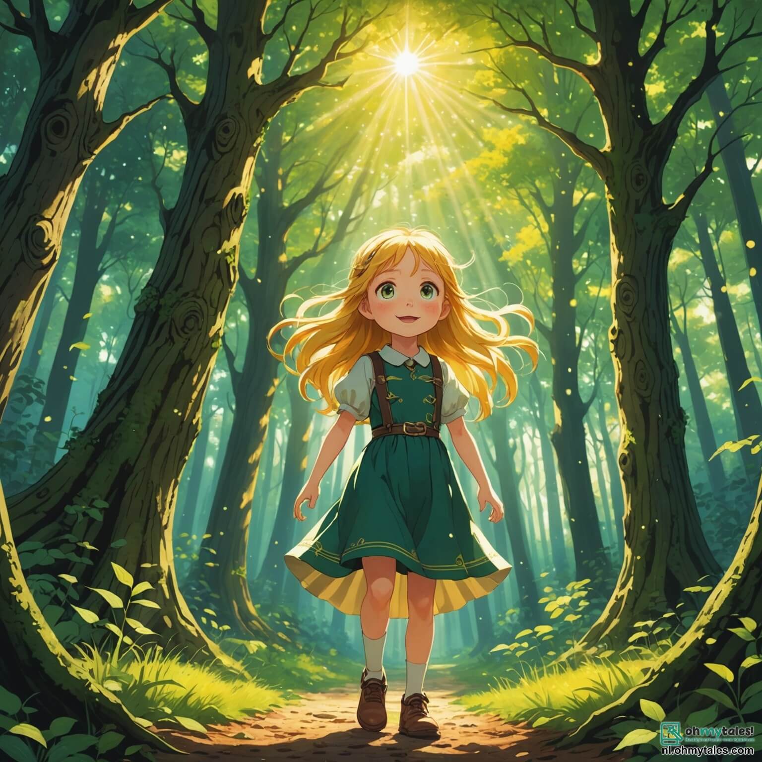 Une illustration destinée aux enfants représentant une petite fille aux cheveux dorés flottant comme des rayons de soleil, avec de grands yeux pétillants de curiosité, se tenant courageusement au bord d'une clairière enchantée où des arbres majestueux aux troncs noueux s'élèvent vers le ciel, leurs feuilles scintillant comme des émeraudes sous la lumière d'un soleil éclatant, tandis qu'elle se prépare à entrer dans le mystérieux bois, où elle rencontrera un adorable petit unicorn, une créature à la fourrure éclatante et à la corne scintillante, qui l'aidera dans sa quête pour retrouver sa maman perdue, tout en étant escortée par un dragon amical aux écailles brillantes comme des diamants, qui veille sur elle avec bienveillance dans ce monde magique rempli de fleurs colorées et de ruisseaux murmurants.