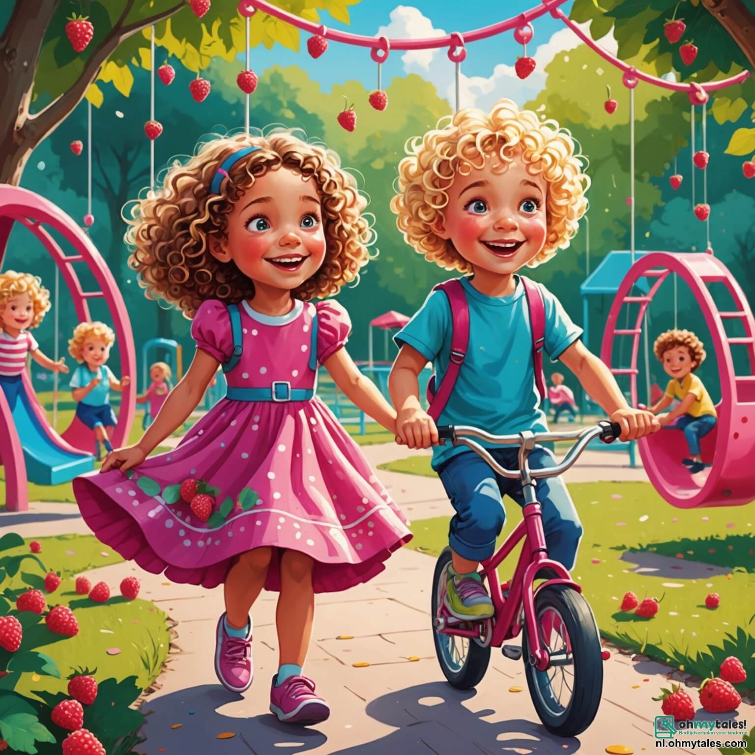 Une illustration destinée aux enfants représentant une petite fille aux cheveux bouclés et aux yeux pétillants, vêtue d'une robe colorée et de framboises roses, qui, dans une éclatante et joyeuse aire de jeux entourée de balançoires scintillantes et de toboggans multicolores, se retrouve face à un dilemme en réalisant qu'elle n'a pas de vélo pour participer à la course avec son meilleur ami, un garçon blond plein d'énergie, qui, avec un grand sourire, lui propose de lui prêter son vélo pour qu'elle puisse découvrir la joie de pédaler et prouver que les aventures et les plaisirs du jeu sont pour tous, peu importe leur genre.