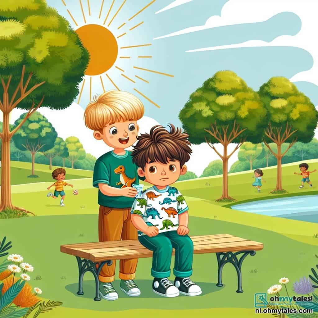 Une illustration sous forme de dessin destinée aux enfants représentant un parc ensoleillé avec de grands arbres verdoyants et des enfants jouant sur l'herbe, au premier plan un garçon de 7 ans avec des cheveux bruns en désordre, portant un t-shirt à motifs de dinosaures, assis sur un banc, l'air un peu fatigué mais souriant, tandis qu'à côté de lui, un autre garçon de 7 ans aux cheveux blonds, en train de lui tendre un verre d'eau, illustrant le moment où ils prennent une pause après avoir joué au frisbee, soulignant l'importance de prendre soin de soi lorsqu'on ne se sent pas bien.