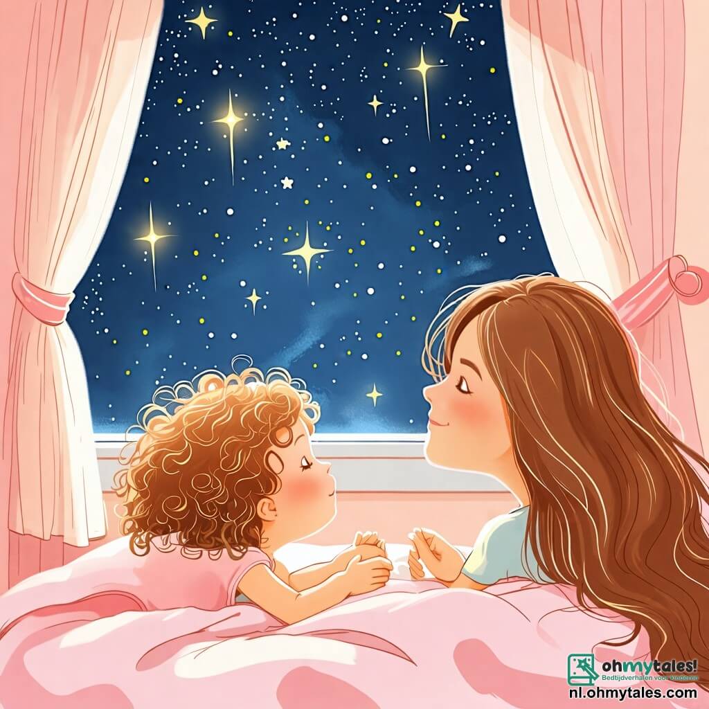 Une illustration sous forme de dessin destinée aux enfants représentant une chambre chaleureuse avec des murs peints en pastel, où une petite fille de 2 ans, aux cheveux bouclés et aux yeux pétillants, est allongée dans son lit, regardant avec curiosité par la fenêtre vers le ciel étoilé, tandis que sa maman, une femme douce avec des cheveux longs et un sourire réconfortant, se penche vers elle pour lui montrer les étoiles, créant une atmosphère apaisante qui chasse la peur du noir.