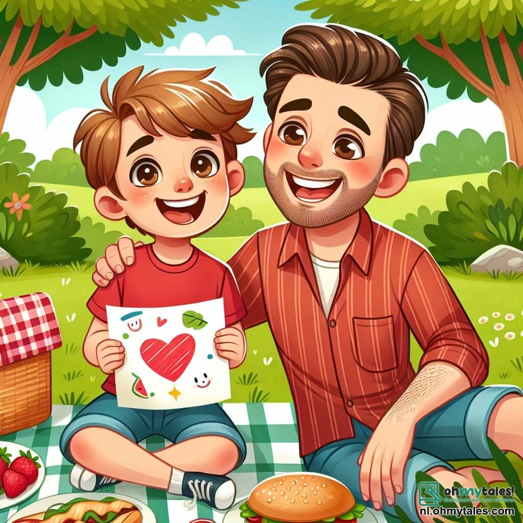 Une illustration sous forme de dessin destinée aux enfants représentant un parc ensoleillé avec de grands arbres verdoyants et une couverture de pique-nique colorée étalée sur l'herbe, où un garçon de 10 ans aux cheveux châtains et aux yeux pétillants, vêtu d'un t-shirt rouge et d'un short bleu, sourit joyeusement en tenant une carte faite main, tandis qu'à ses côtés, son papa, un homme souriant avec des cheveux bruns et une barbe légère, le regarde avec fierté, tous deux entourés de délicieux mets de pique-nique, illustrant leur moment de complicité et de célébration pour la fête des pères.
