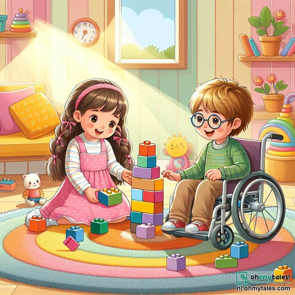 Illustratie van een lichte en kleurrijke woonkamer, met pastelgele muren en zachte tapijten. In het midden ligt een groot rond tapijt waar twee kinderen spelen. Een meisje van ongeveer 6 jaar, met lang bruin haar in vlechten, draagt een roze jurk met witte stippen. Ze zit op de grond, met sprankelende ogen van blijdschap, terwijl ze bouwblokken vasthoudt. Naast haar zit een jongen van 7 jaar, met rommelig blond haar en een bril, in een rolstoel. Hij glimlacht breed, met zijn handen op de blokken, klaar om een toren te bouwen. De scène toont de twee vrienden geconcentreerd, omringd door kleurrijke blokken die verspreid liggen, terwijl een toren van blokken begint te ontstaan, wat hun samenwerking en vriendschap symboliseert. Op de achtergrond zijn speelgoed zichtbaar, wat een speelse toets aan de omgeving toevoegt. Zonnestralen filteren door een raam, waardoor de kamer verlicht wordt en een warme, uitnodigende sfeer ontstaat.