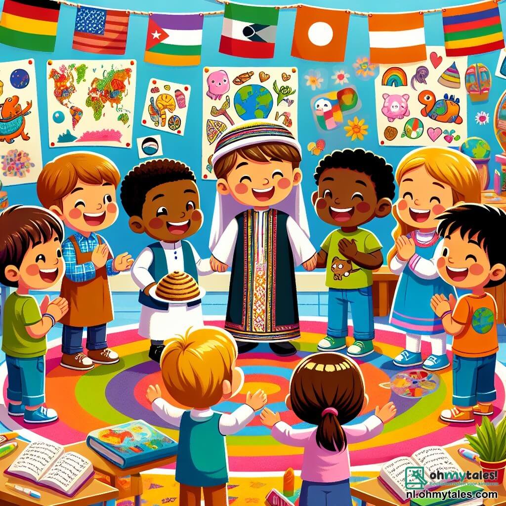 Illustratie van een levendige scène in een kleurrijke klas. De muren zijn versierd met kindertekeningen en posters van culturen over de hele wereld. In het midden staat een groep kinderen in een cirkel rond een jongen met bruin haar en een lichte huid, die een kleurrijke traditionele thobe draagt. Aan zijn rechterkant staat een meisje met blond haar en een lichte huid, die glimlacht en een stuk baklava vasthoudt, terwijl aan zijn linkerkant een jongen met kastanjebruin haar en een licht gebruinde huid, gekleed in een t-shirt met een dinosaurusmotief, enthousiast applaudisseert. Een andere jongen, met zwart haar en een donkere huid, lacht vrolijk met zijn armen in de lucht. De hoofdscène toont de kinderen die zoetigheden delen en van elkaar leren, wat de vreugde van diversiteit en vriendschap illustreert. Op de achtergrond voegen multiculturele decoraties, zoals vlaggen en symbolen van verschillende culturen, kleur en leven toe aan de scène. Open boeken en gekleurde potloden liggen verspreid over de tafels, wat leren en culturele uitwisseling symboliseert.