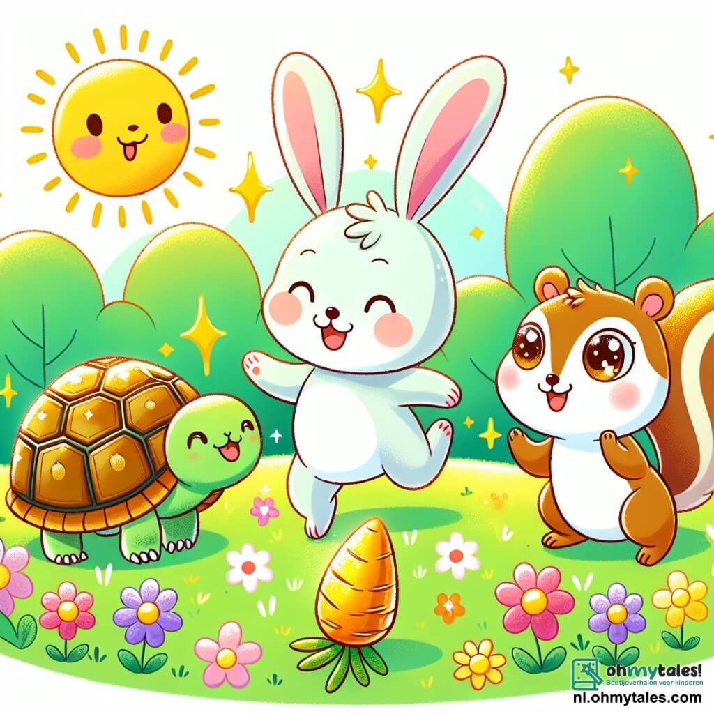 Une illustration sous forme de dessin destinée aux enfants représentant une clairière ensoleillée, remplie de fleurs colorées et d'herbe verte, où un petit lapin aux grandes oreilles et à la douce fourrure blanche saute de joie en découvrant une brillante carotte dorée, tandis qu'à ses côtés, une tortue au dos rayé et un écureuil aux yeux pétillants l'observent avec enthousiasme, tous trois célébrant leur amitié et leur aventure de recherche.
