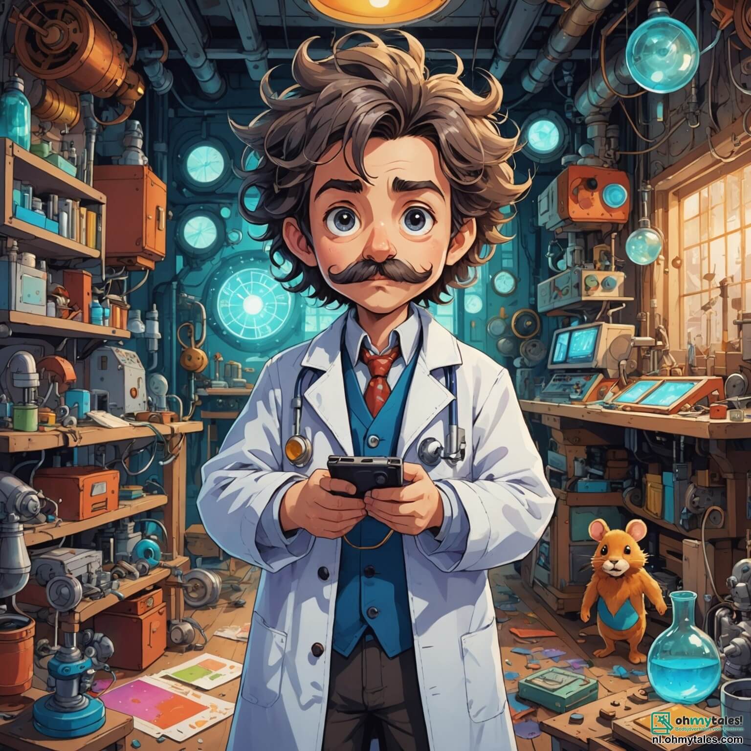 Une illustration destinée aux enfants représentant un homme excentrique aux cheveux ébouriffés et à la grande moustache, portant une blouse de laboratoire pleine de taches colorées, se tenant dans sa vaste et chaotique atelier où les murs sont couverts de plans d'inventions farfelues, entouré de machines bourdonnantes et de gadgets étranges, tandis qu'une petite souris malicieuse aux yeux pétillants et à la fourrure douce, son amie fidèle, l'observe avec curiosité alors qu'il tente de créer une machine capable de cuire des cookies tout en dansant, mais qui, au lieu de cela, provoque une course folle de biscuits géants à travers le village ensoleillé, où les enfants rient et courent derrière les délices sucrés, transformant le calme du matin en une joyeuse pagaille.
