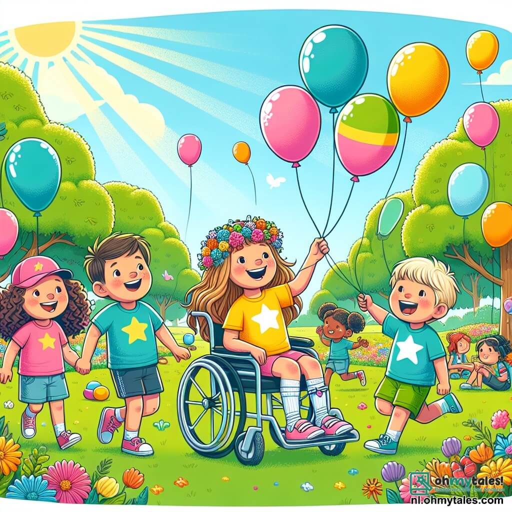Illustratie van een zonnig park, vol kleurrijke bloemen en groene bomen. In het midden bereidt een groep van vier vrienden, twee meisjes en twee jongens, zich voor op een ballonnenrace. Het eerste meisje, ongeveer 12 jaar oud, heeft lang bruin haar en draagt een felgele T-shirt met sterren. Ze glimlacht breed terwijl ze een opgeblazen ballon vasthoudt. De tweede jongen, ook 12 jaar, heeft kort blond haar en draagt een blauwe T-shirt met witte strepen. Hij lacht en is klaar om te rennen. Het derde meisje, ongeveer 12 jaar oud, zit in een mooie rolstoel versierd met bloemen, met krullend haar en een roze pet. Ze kijkt naar haar vrienden met een samenzweerderige glimlach. Tot slot, de laatste jongen, iets groter, heeft rommelig bruin haar en draagt een groene short. Hij maakt grappige gebaren om zijn vrienden aan te moedigen. Op de achtergrond zijn er kleurrijke ballonnen die in de lucht zweven en andere kinderen die plezier hebben, wat een vrolijke en feestelijke sfeer creëert. Zonnestralen verlichten de scène en voegen een vleugje magie toe aan dit moment van vriendschap en lachen.