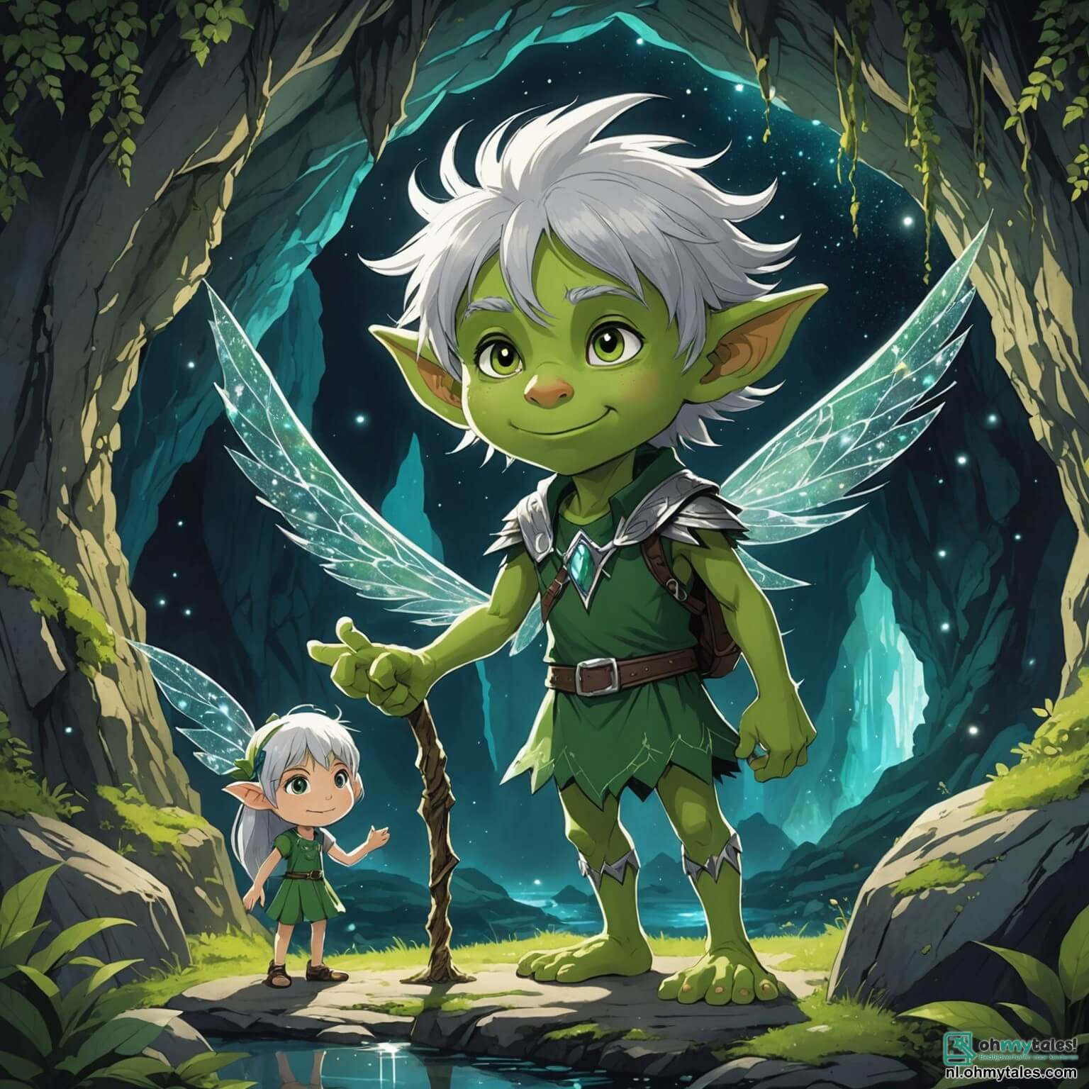 Une illustration destinée aux enfants représentant un troll majestueux, un garçon à la peau verte rugueuse et aux yeux pétillants de malice, se tenant fièrement au cœur d'une grotte mystérieuse ornée de cristaux scintillants qui reflètent la lumière comme des étoiles dans la nuit, tandis qu'une jeune elfette aux cheveux argentés et aux ailes délicates, sa meilleure amie, l'observe avec admiration, alors qu'ils se retrouvent face à une quête palpitante pour retrouver une couronne magique perdue, dans la profonde et envoûtante Trollenkloof, où les ombres dansent et les murmures de la nature se mêlent aux échos de leur aventure.