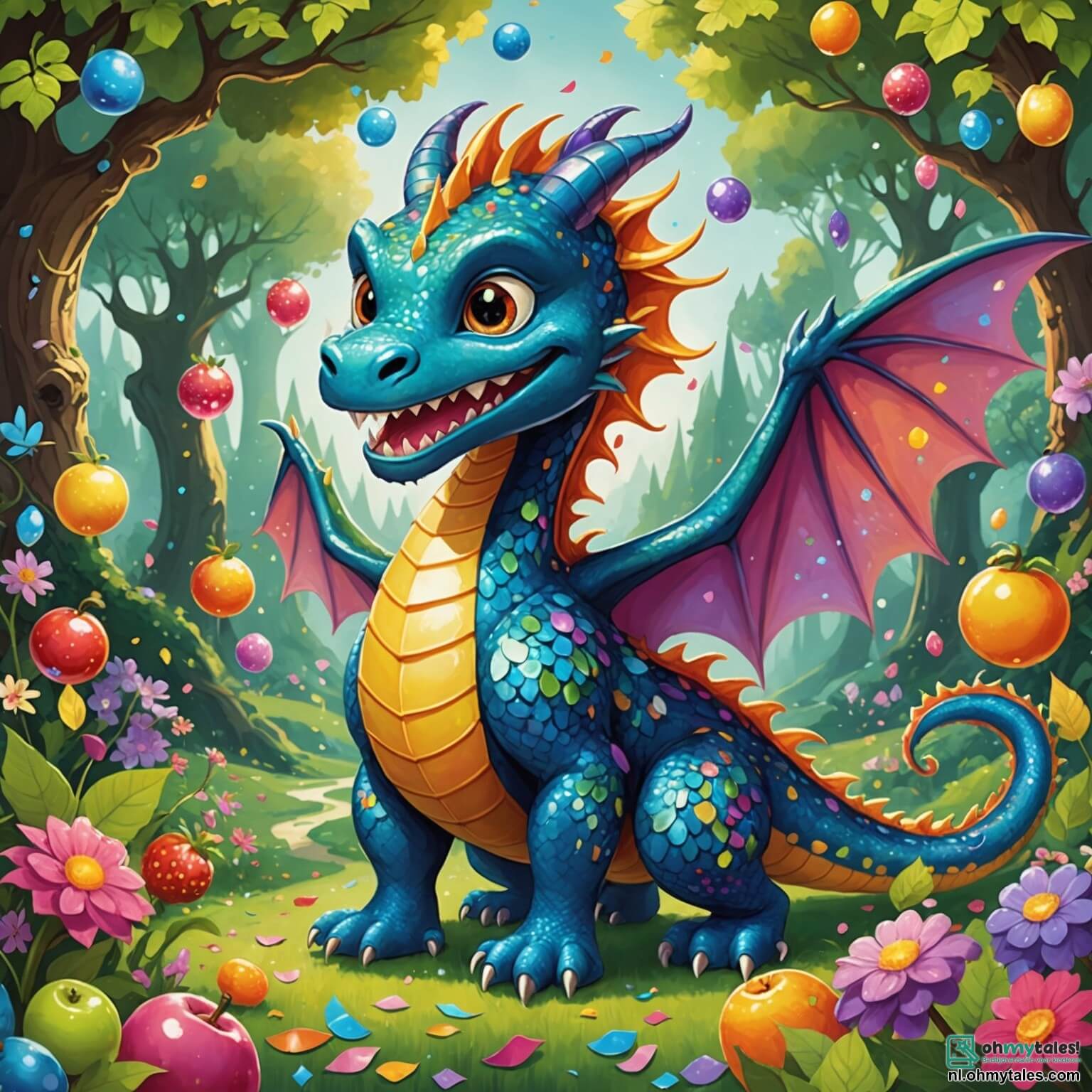 Une illustration destinée aux enfants représentant un dragon aux écailles scintillantes comme des confettis multicolores, avec de grands yeux pétillants de malice et un sourire espiègle, qui se trouve dans une vallée enchantée où les fleurs dansent au rythme du vent et les arbres portent des fruits en forme de bonbons, tandis qu'il s'apprête à organiser une grande fête pour ses amis, dont une petite fée aux ailes translucides et chatoyantes, qui virevolte autour de lui avec une énergie débordante, et un hibou sage aux plumes dorées, qui, bien que très âgé, ne manque jamais une occasion de faire rire tout le monde avec ses blagues, le tout se déroulant sous un ciel bleu éclatant parsemé de nuages en forme de guimauve.