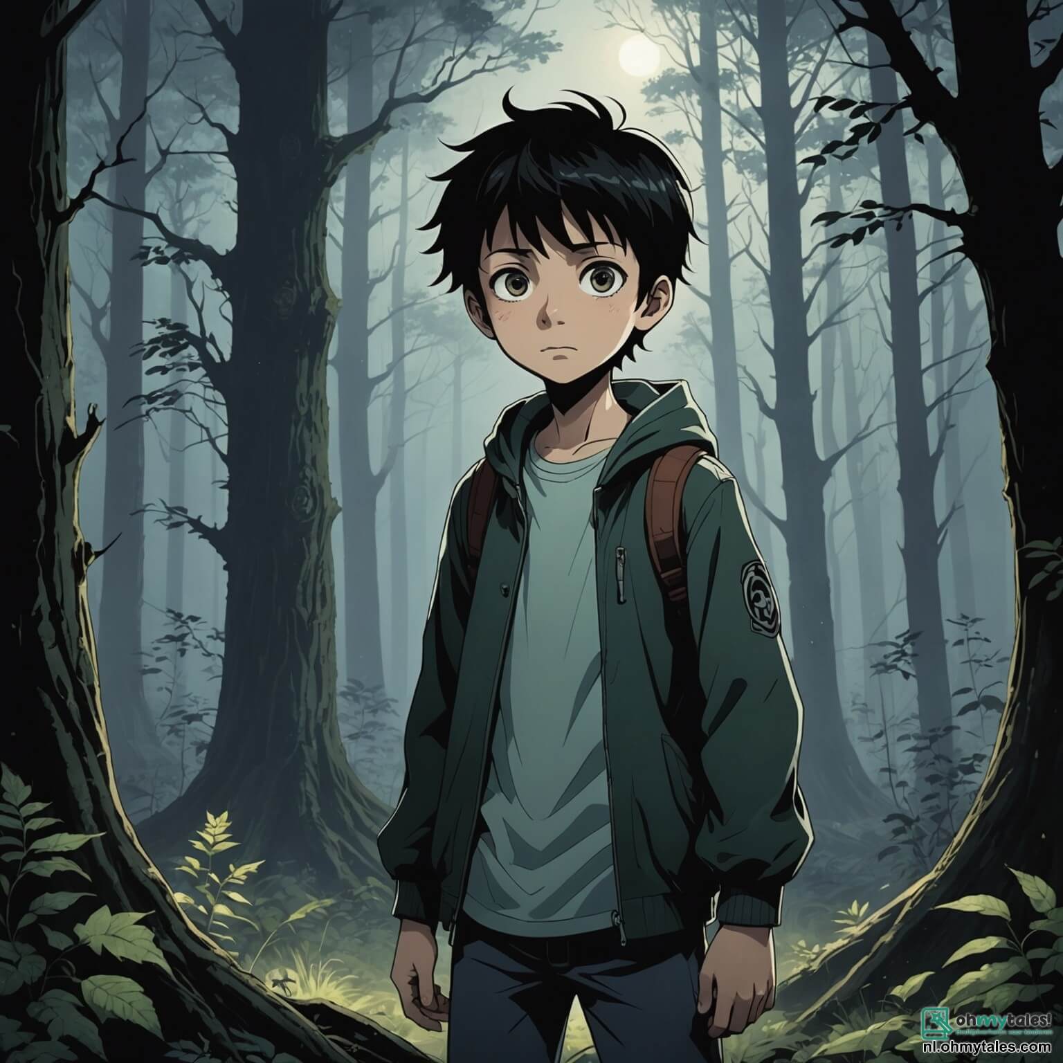 Une illustration destinée aux enfants représentant un garçon aux yeux pétillants de curiosité, mais dont le visage est marqué par une ombre d'inquiétude, se tenant au bord d'une forêt sombre et dense où les arbres tordus, comme des doigts décharnés, semblent murmurer des secrets sinistres, tandis qu'une brume épaisse s'élève du sol, enveloppant le tout d'une atmosphère glaciale, alors qu'il s'apprête à explorer une vieille maison abandonnée, dont les fenêtres brisées ressemblent à des orbites vides et dont la porte en bois vermoulu grince comme un cri désespéré, tandis qu'un chat noir aux yeux brillants, symbole de mystère et de malheur, l'observe de loin, prêt à l'accompagner dans cette aventure effrayante où il devra affronter ses peurs les plus profondes.