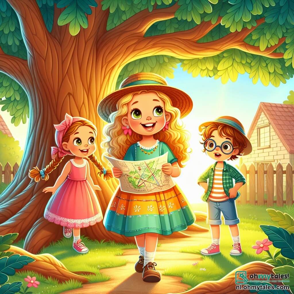 Une illustration sous forme de dessin destinée aux enfants représentant une vaste et ensoleillée arrière-cour avec une grande vieille chêne, où une fille de 7 ans aux cheveux bouclés et blonds, vêtue d'une robe colorée et portant un chapeau de paille, tient une carte au trésor avec un grand sourire, tandis que deux amis, un garçon aux lunettes et une fille aux cheveux bruns en tresse, l'observent avec émerveillement, tous trois prêts à partir à l'aventure pour découvrir une mystérieuse cachette de trésor cachée sous les feuilles.