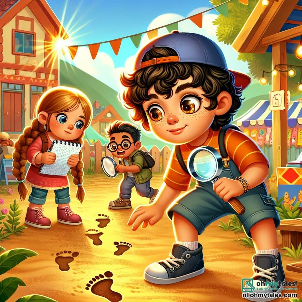 Une illustration sous forme de dessin destinée aux enfants représentant une scène animée dans un petit village ensoleillé, avec un garçon de 11 ans aux cheveux bouclés et aux yeux pétillants, tenant une loupe et scrutant le sol avec curiosité, tandis qu'à ses côtés, une fille aux cheveux longs et tressés, portant un carnet de notes, observe attentivement des empreintes de pas, et un autre garçon, avec un sourire malicieux et une casquette à l'envers, se tient prêt à faire une blague, le tout dans une ambiance de mystère et d'aventure, entouré de décorations de fête colorées et de stands de jeux.