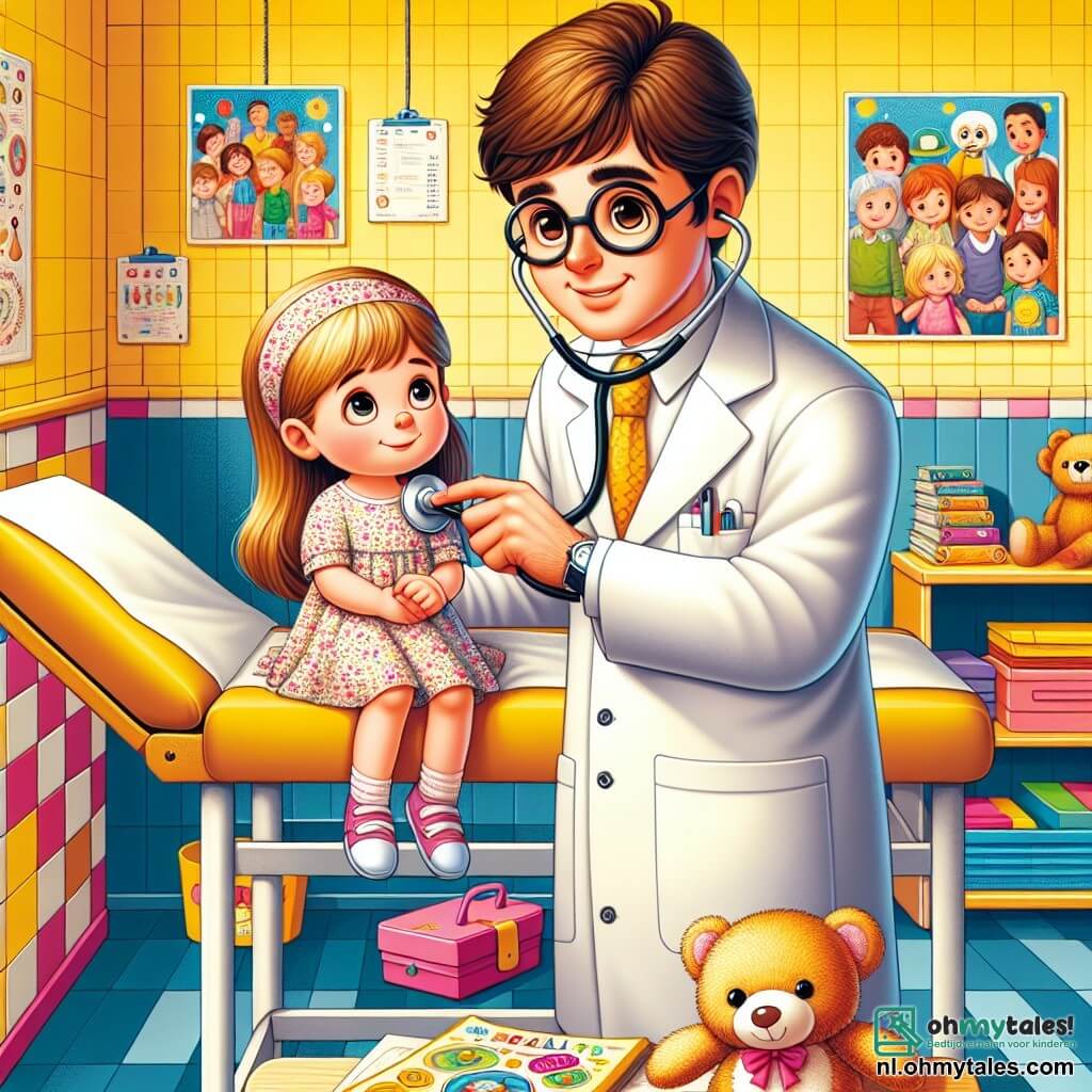 Illustratie van een doktersconsultatiekamer, met felgele muren en kleurrijke gezondheidsposters aan de muur. In het midden onderzoekt een glimlachende man in een witte labjas, met bruin haar en een ronde bril, aandachtig een klein meisje dat op een onderzoekstafel zit. Het meisje, ongeveer 7 jaar oud, heeft lang blond haar en draagt een bloemenjurk. Ze kijkt met nieuwsgierige ogen en een lichte glimlach naar de dokter, terwijl een knuffelbeer naast haar ligt. De man gebruikt een stethoscoop om het hart van het meisje te beluisteren, wat een warme en geruststellende sfeer creëert. Op de achtergrond zijn kleurrijke speelgoed en boeken te zien, wat een speelse toets aan de scène toevoegt.