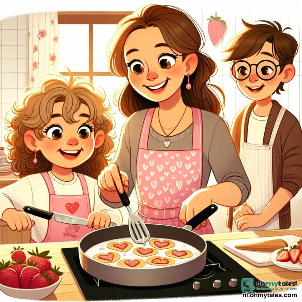 Une illustration sous forme de dessin destinée aux enfants représentant une cuisine chaleureuse et ensoleillée, avec une fille de 7 ans aux cheveux bouclés et aux yeux pétillants, portant un tablier rose à motifs de cœurs, en train de préparer des pannenkoeken en forme de cœur sur une grande poêle, tandis que sa mère, une femme souriante aux cheveux bruns, l'aide en coupant des fraises, et son grand frère, un garçon de 10 ans aux cheveux courts et aux lunettes, les observe avec un sourire amusé, le tout dans une ambiance joyeuse de préparation pour un petit déjeuner spécial de Saint-Valentin.