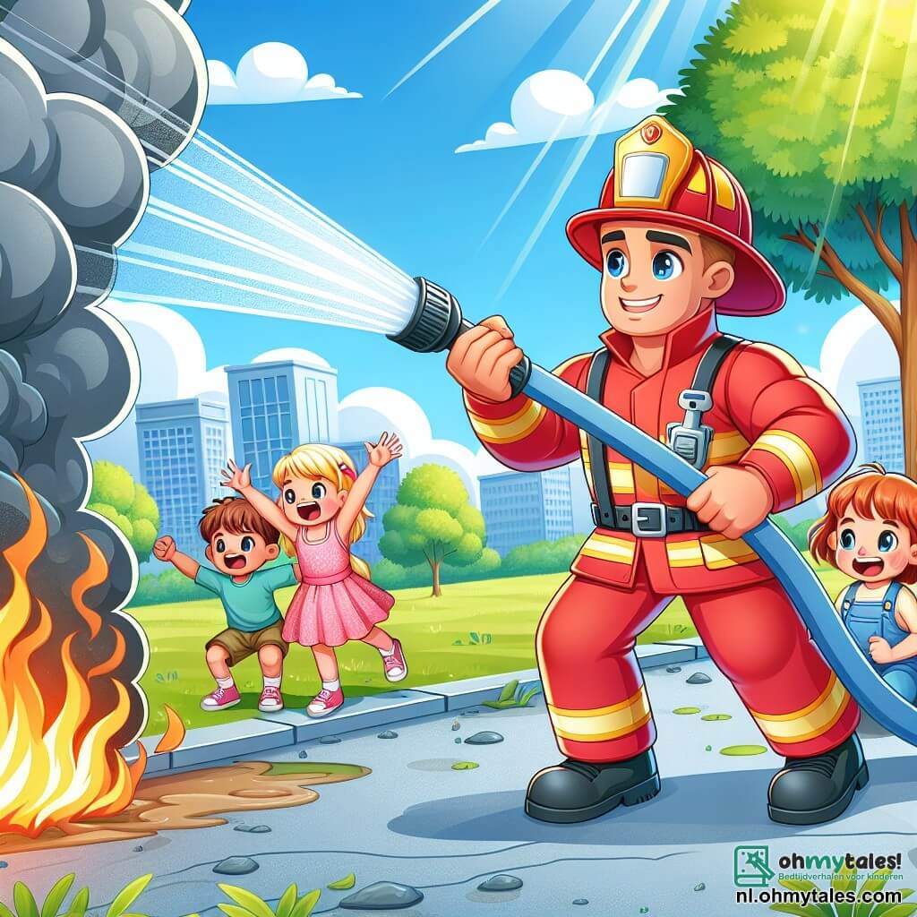 Une illustration sous forme de dessin destinée aux enfants représentant un parc ensoleillé avec des arbres verdoyants et un ciel bleu, où un pompier courageux, un homme musclé avec un uniforme rouge vif et un casque, utilise une grande lance à incendie pour éteindre un feu qui crépite près d'un groupe de petits enfants, dont une fille en robe rose et un garçon en casquette bleue, qui l'encouragent avec des sourires émerveillés, tandis que des nuages de fumée s'échappent des flammes, créant une atmosphère à la fois de tension et d'espoir.
