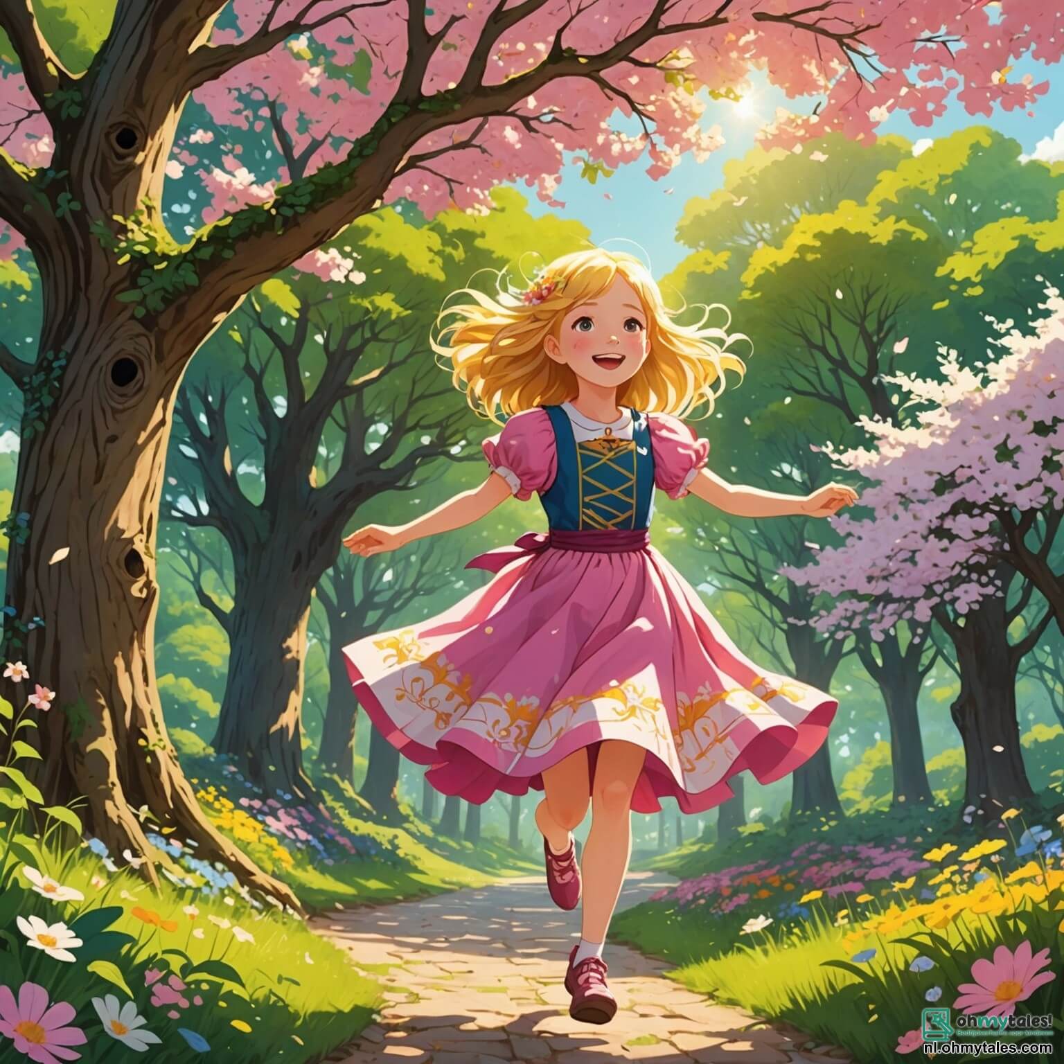 Une illustration destinée aux enfants représentant une jeune fille aux cheveux dorés flottant comme des rayons de soleil, vêtue d'une robe colorée ornée de fleurs éclatantes, courant joyeusement à travers un parc verdoyant où les arbres majestueux se dressent tels des gardiens de la nature, leurs branches chargées de fleurs roses et blanches dansant au gré du vent doux, tandis qu'elle découvre un petit trou mystérieux à la base d'un vieux chêne, où un adorable petit garçon aux cheveux bruns et aux yeux pétillants, son meilleur ami, l'encourage à explorer ce secret printanier, entourés de papillons virevoltant et de l'odeur sucrée des fleurs en pleine floraison.