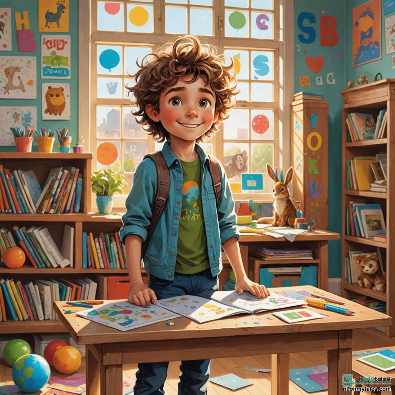 Une illustration destinée aux enfants représentant un garçon aux yeux pétillants de curiosité et aux cheveux en bataille, se tenant au milieu d'une classe colorée où les murs sont ornés de dessins d'animaux et de lettres colorées, entouré de sa grande sœur souriante qui l'encourage avec tendresse, de ses camarades de jeu riant autour de lui, tandis que la douce lumière du soleil filtre à travers les fenêtres, illuminant les tables en bois où des crayons et des livres sont éparpillés, alors qu'il se prépare à raconter une histoire sur un petit eendje qui danse autour d'une fleur bleue, tout en surmontant sa peur de parler devant la classe.