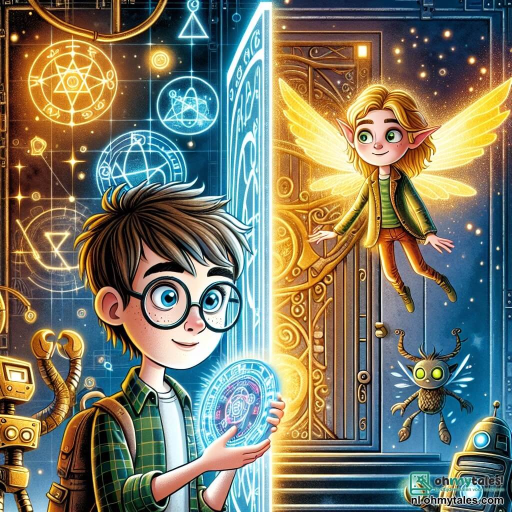 Une illustration sous forme de dessin destinée aux enfants représentant une scène vibrante dans un monde de Science Fantasy, où un garçon de 11 ans aux cheveux ébouriffés et aux lunettes rondes, tenant un gadget lumineux dans sa main, se tient devant une porte métallique mystérieuse ornée de symboles brillants, tandis qu'une jeune elfe aux ailes scintillantes et aux cheveux dorés, flottant à ses côtés, l'encourage à entrer dans ce monde magique, alors qu'une tension palpable entre des robots et des créatures magiques se dessine en arrière-plan, symbolisant l'alliance fragile entre technologie et magie.