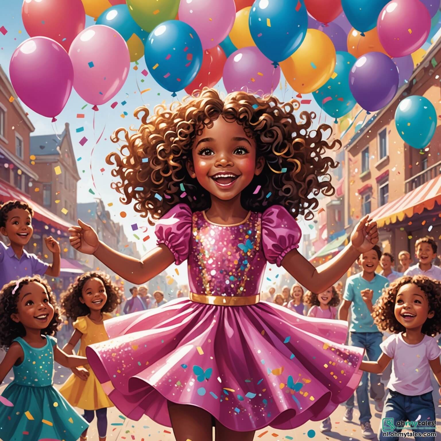 Une illustration destinée aux enfants représentant une petite fille aux cheveux bouclés et brillants, vêtue d'une robe rose étincelante ornée de paillettes, dans un carnaval vibrant de couleurs où des ballons multicolores flottent dans l'air, des confettis tourbillonnent autour d'elle et des rires d'enfants résonnent, tandis qu'elle danse joyeusement avec son amie, une fille aux ailes de papillon scintillantes, et son petit frère, un garçon déguisé en clown, sous un ciel bleu éclatant, entourée de stands de friandises sucrées, de musiciens jouant des mélodies entraînantes et de décorations festives qui illuminent le lieu, créant une atmosphère magique et enchanteresse.