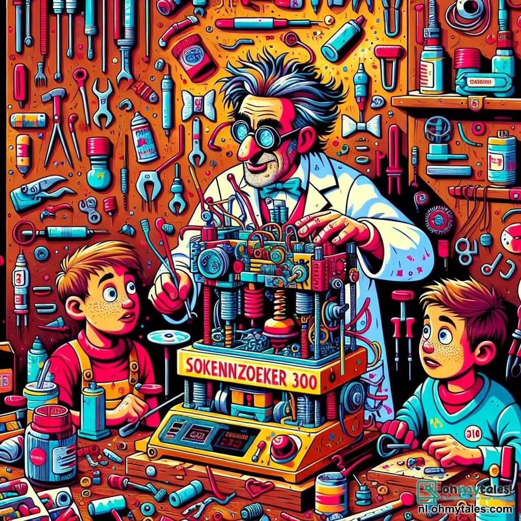 Une illustration sous forme de dessin destinée aux enfants représentant un atelier coloré et chaotique rempli d'outils et de pièces détachées, où un homme aux cheveux ébouriffés et à la grande paire de lunettes, vêtu d'une blouse de travail tachée, s'affaire à assembler une machine bizarre avec des propellers, tandis qu'un groupe de trois enfants, deux garçons et une fille, aux visages émerveillés, l'observent avec curiosité, alors que la machine, nommée Sokkenzoeker 3000, commence à vibrer et à émettre des sons étranges, promettant de retrouver des chaussettes perdues dans un tourbillon d'aventures.