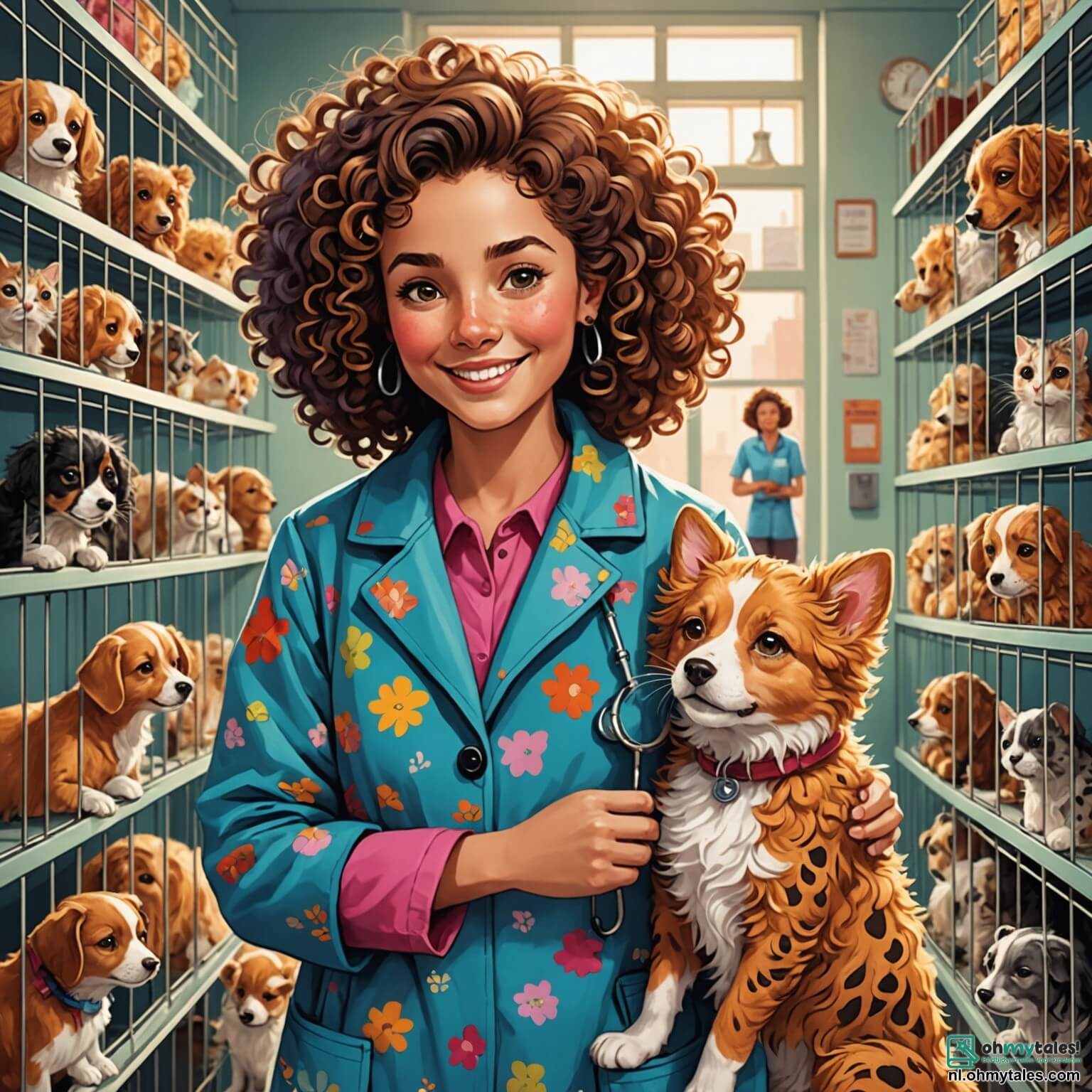 Une illustration destinée aux enfants représentant une vétérinaire passionnée, une femme au sourire chaleureux et aux cheveux bouclés, vêtue d'une blouse colorée ornée de motifs d'animaux, qui s'affaire dans une clinique animée, remplie de cages accueillant des chiens aux yeux pétillants, de chats curieux se faufilant entre les pattes des visiteurs, et de petits rongeurs blottis dans leurs nids douillets, tandis que son assistante, une jeune fille pleine d'énergie aux tresses enjouées, l'aide à soigner un grand chien noir au regard affectueux, le tout baigné dans une lumière douce et joyeuse qui illumine les murs peints de couleurs pastel, créant une atmosphère chaleureuse et accueillante où chaque animal se sent en sécurité et aimé.
