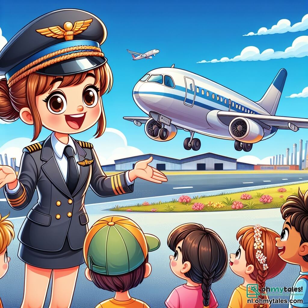 Une illustration sous forme de dessin destinée aux enfants représentant une aéroport animé sous un ciel bleu éclatant, avec une femme pilote souriante aux cheveux châtains attachés en chignon, portant une tenue de pilote avec une casquette et des lunettes de soleil, expliquant avec enthousiasme son métier à un groupe de cinq enfants curieux, dont un garçon avec une casquette verte et une fille avec des tresses, tous captivés par ses histoires de vol, tandis qu'un grand avion argenté se profile en arrière-plan, prêt à décoller.