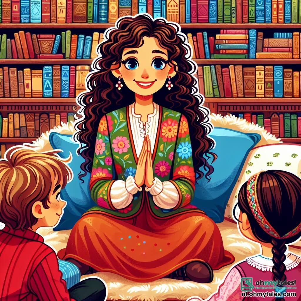 Une illustration sous forme de dessin destinée aux enfants représentant une bibliothèque chaleureuse et colorée, avec des étagères remplies de livres anciens en arrière-plan ; une femme aux cheveux châtains et bouclés, portant une blouse colorée, assise sur un coussin moelleux, souriante et captivant l'attention des enfants qui l'entourent, tandis qu'un garçon en rouge et une fille avec des tresses écoutent attentivement, tous deux curieux et engagés dans une discussion sur la paix et la résolution des conflits, illustrant ainsi l'importance de l'écoute et de la compréhension pour construire un monde meilleur.