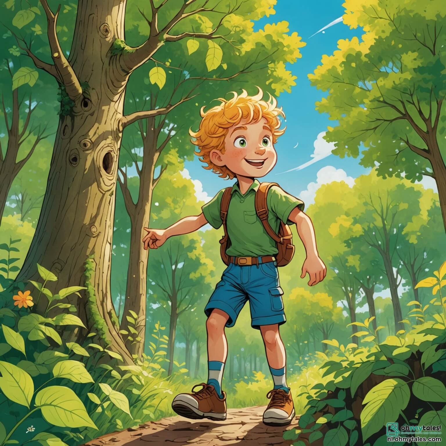 Une illustration destinée aux enfants représentant un garçon aux cheveux dorés et aux yeux pétillants, débordant d'énergie et d'enthousiasme, se tenant au bord d'une clairière ensoleillée, entouré de grands arbres aux feuilles vertes éclatantes qui dansent doucement sous la brise estivale, tandis qu'il rêve de ses vacances d'été passées à explorer les merveilles du bois, où il a construit une cabane avec sa petite sœur aux boucles brunes et aux rires contagieux, et où ils ont rencontré un adorable petit lapin aux yeux brillants, le tout baigné par la lumière dorée du soleil couchant qui illumine le paysage d'une chaleur douce et réconfortante.