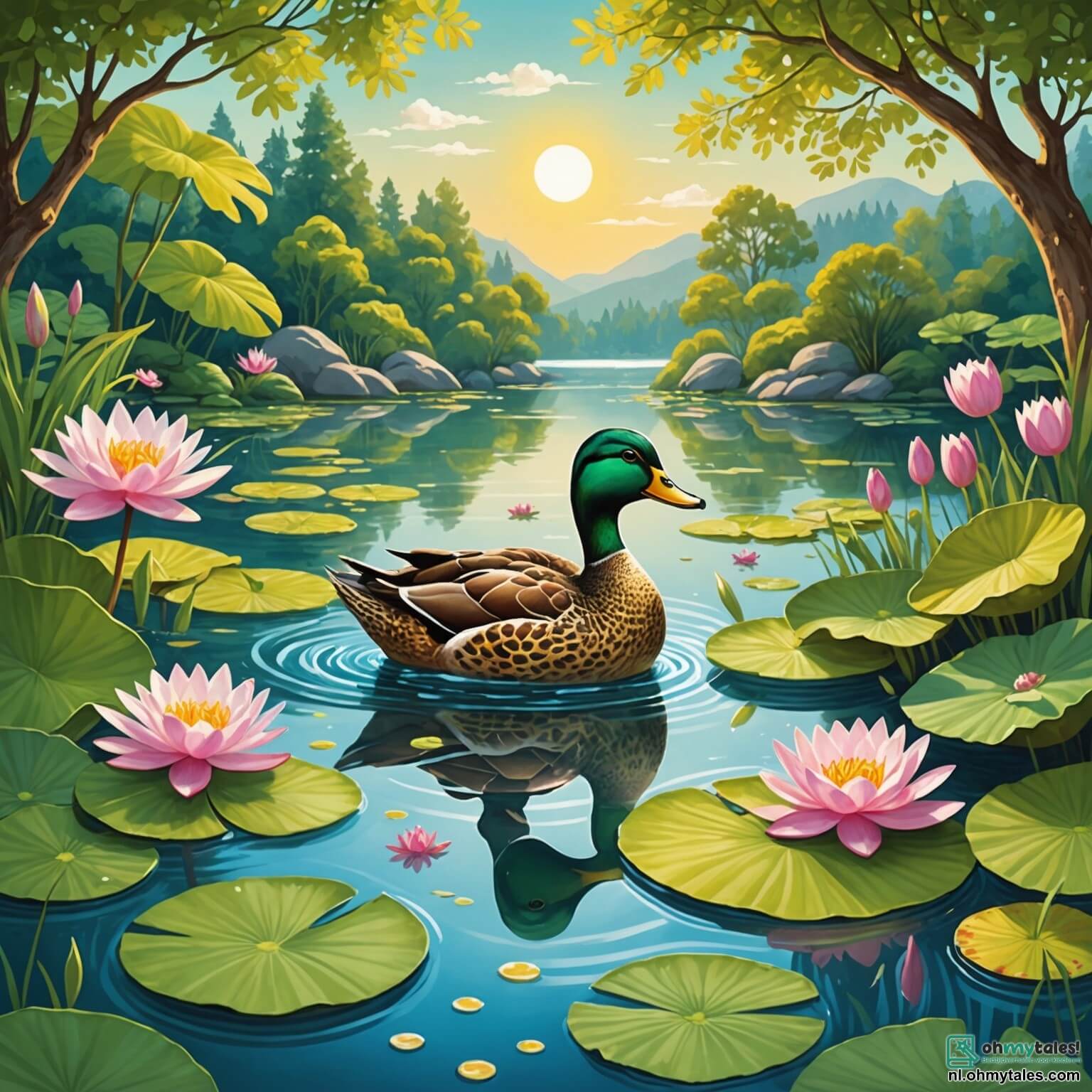 Une illustration destinée aux enfants représentant un canard au plumage doré scintillant sous les rayons du soleil, nageant vaillamment sur un lac aux eaux cristallines, entouré de nénuphars aux pétales roses et blancs, tandis que des grenouilles joyeuses sautent sur les feuilles flottantes et une tortue sage se prélasse sur une pierre chaude au bord, le tout dans un cadre enchanteur de verdure luxuriante et de fleurs colorées, où le canard, bien que craintif de s'aventurer au-delà de la rive, se retrouve entraîné dans une quête d'aventure aux côtés de ses amis, découvrant ainsi la beauté cachée de leur monde aquatique.