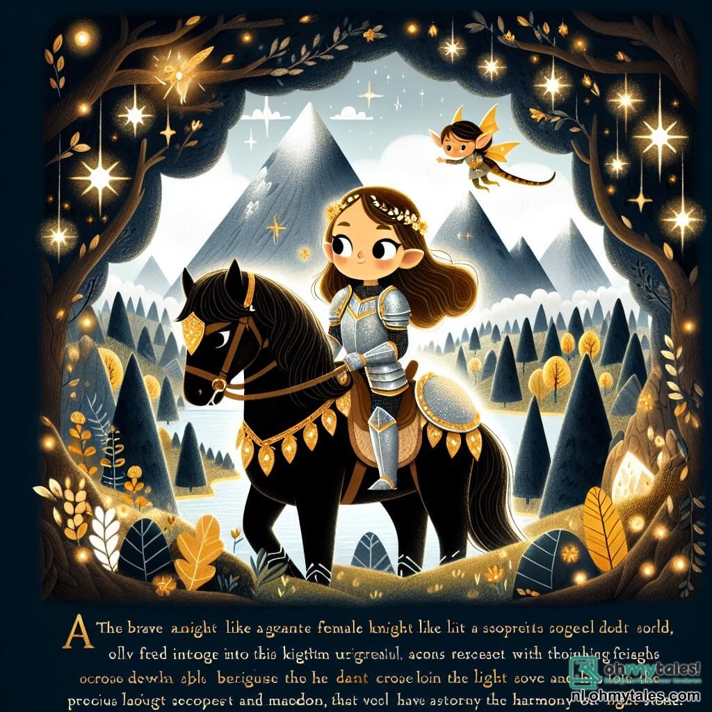 Une illustration destinée aux enfants représentant une courageuse chevaleresse au cœur vaillant, vêtue d'une armure scintillante qui reflète la lumière du soleil comme des étoiles dans un ciel nocturne, se tenant fièrement sur son puissant destrier noir, prête à partir à l'aventure dans le royaume enchanteur d'Eldoria, où des forêts denses aux arbres majestueux aux feuilles dorées s'étendent à perte de vue, et où des montagnes mystérieuses aux sommets embrumés cachent des secrets anciens, tandis qu'à ses côtés, une petite elfette aux yeux pétillants et aux oreilles pointues, pleine de magie et de sagesse, l'encourage avec des mots doux, alors qu'elles se dirigent ensemble vers la grotte sombre et menaçante où un dragon redouté a volé la précieuse Magique Pierre de Lumière, menaçant ainsi l'harmonie de leur monde.