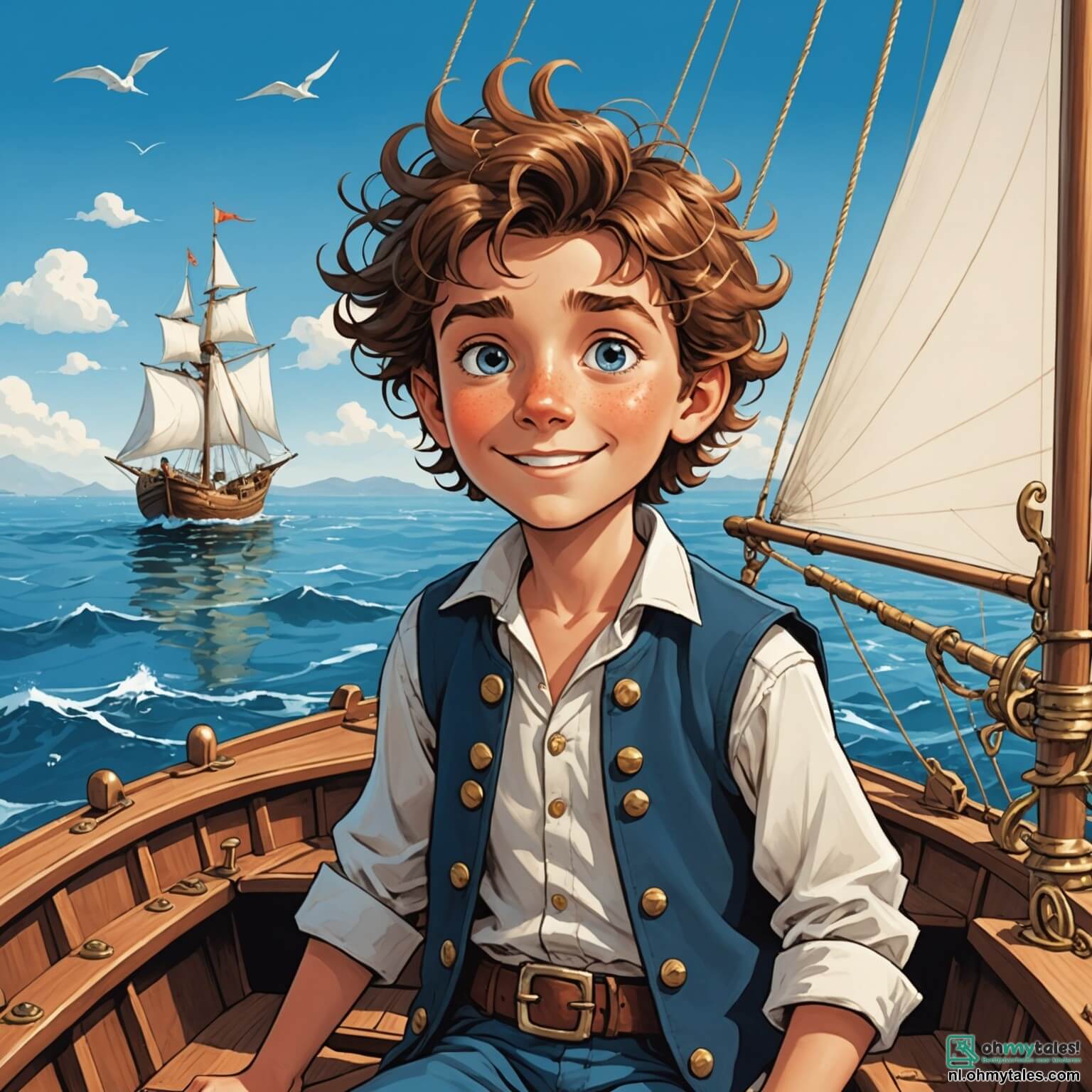 Une illustration destinée aux enfants représentant un jeune garçon intrépide aux cheveux ébouriffés et aux yeux pétillants d'aventure, naviguant sur une mer scintillante sous un ciel azur, à bord d'un petit bateau à voiles blanches, tandis qu'il cherche une mystérieuse île au trésor, entouré de son fidèle ami, un garçon astucieux au sourire contagieux, et d'un vieux capitaine au regard sage et à la barbe hirsute, tous trois se lançant dans une quête palpitante à travers des vagues tumultueuses et des paysages enchanteurs, où des palmiers dansent au gré du vent et des oiseaux colorés survolent des plages dorées, promettant des aventures inoubliables et des trésors cachés.
