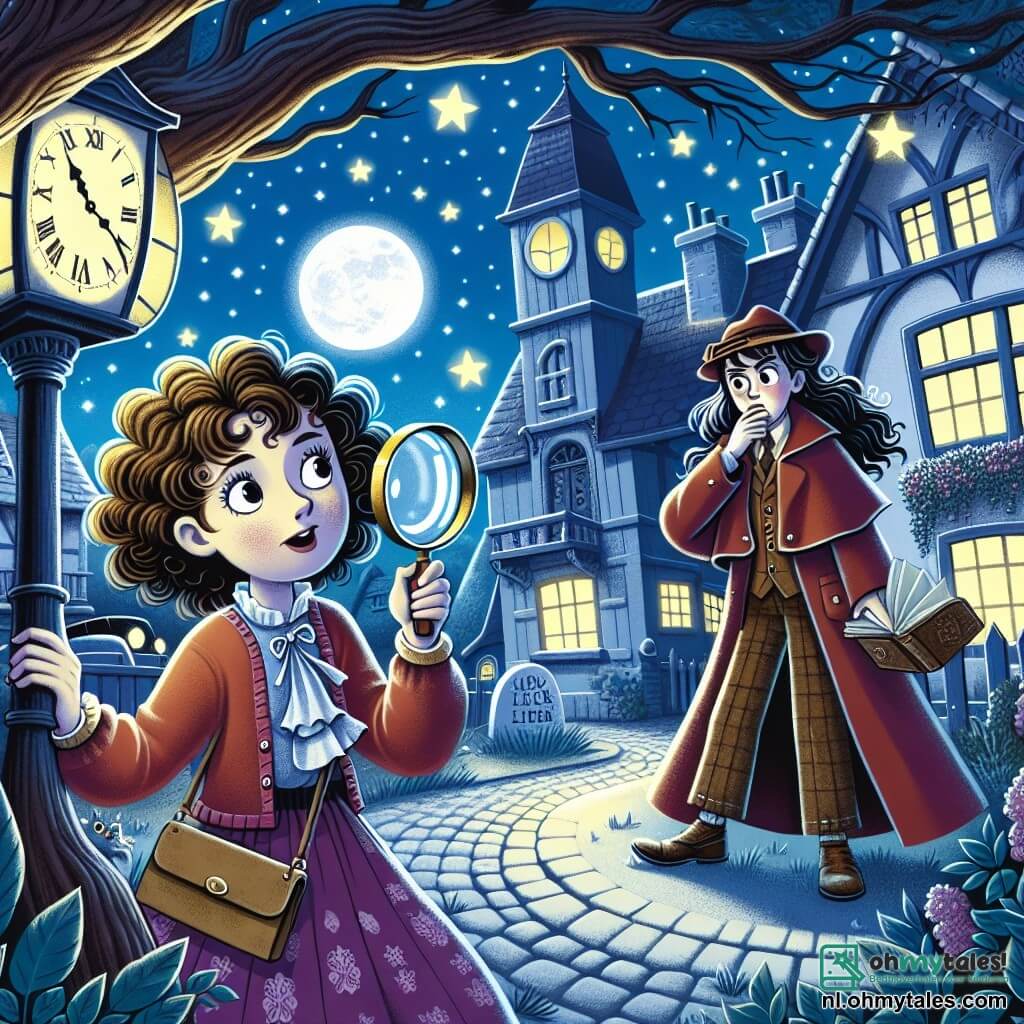Une illustration sous forme de dessin destinée aux enfants représentant une scène nocturne dans un petit village pittoresque, où une jeune fille aux cheveux bruns et bouclés, portant une loupe et un carnet, observe attentivement une femme mystérieuse en robe rouge, qui se tient près d'une vieille horloge sur la place du village, tandis qu'un garçon aux lunettes, caché derrière un arbre, regarde avec curiosité, tous deux prêts à résoudre le mystère de la disparition d'objets anciens.