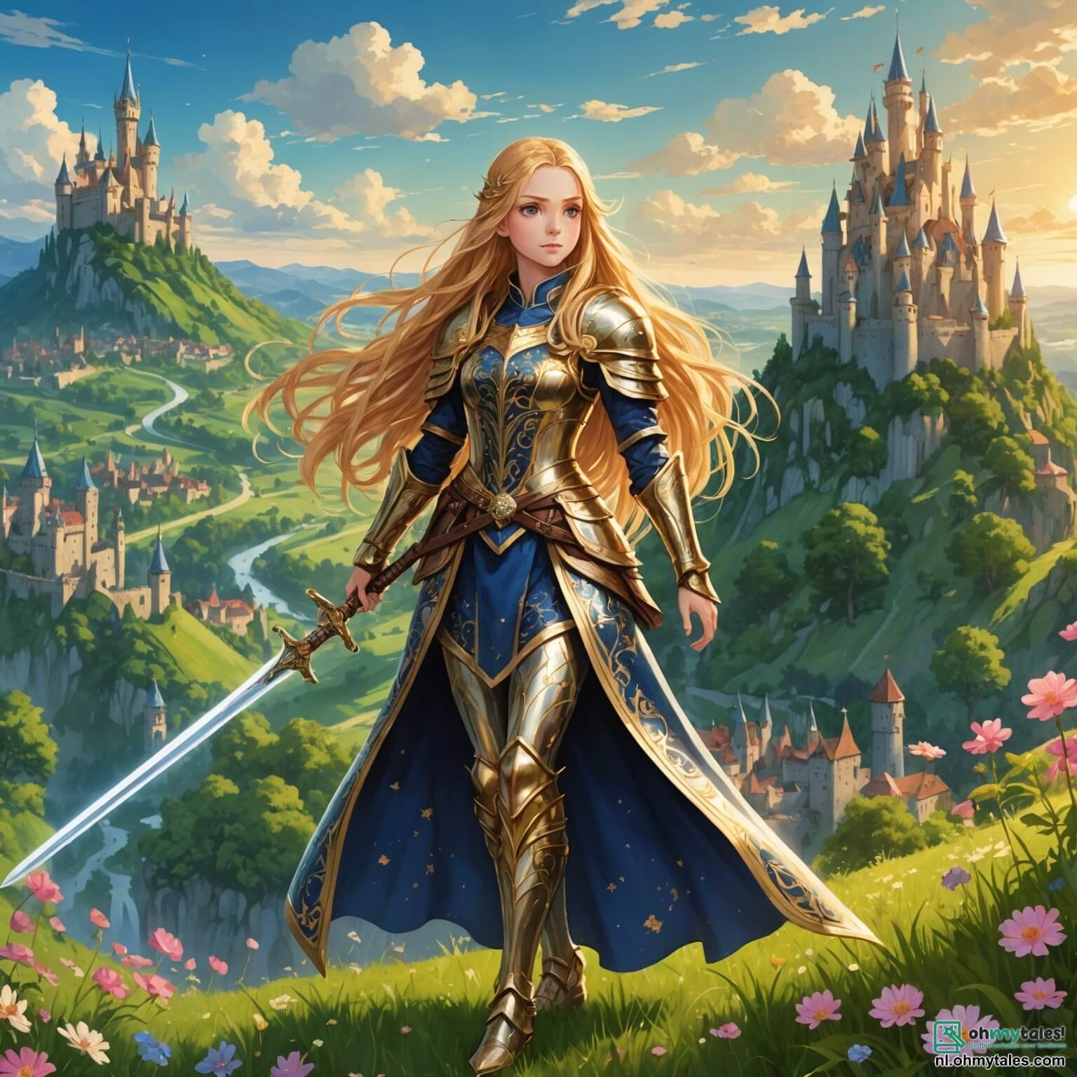 Une illustration destinée aux enfants représentant une jeune femme intrépide aux longs cheveux dorés, vêtue d'une armure scintillante ornée de motifs floraux, brandissant un épée étincelante, se tenant fièrement au sommet d'une colline verdoyante surplombant un royaume médiéval-fantastique, où des châteaux majestueux aux tours élancées se dressent au milieu de forêts enchantées peuplées d'elfes espiègles et de créatures magiques, tandis qu'à ses côtés se tient un jeune elfe aux oreilles pointues et au sourire éclatant, prêt à l'accompagner dans leur quête pour découvrir une légendaire trésor caché au cœur des ruines anciennes, où les murs de pierre sont recouverts de lierre et où des secrets oubliés attendent d'être révélés.