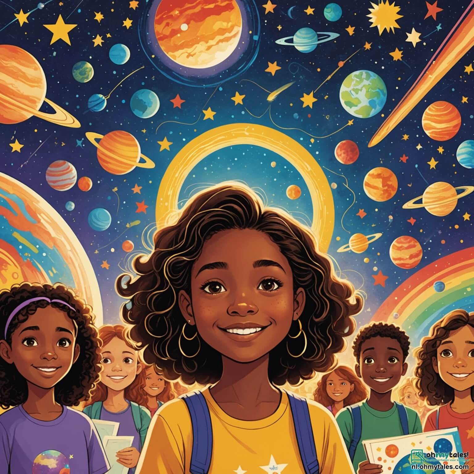 Une illustration destinée aux enfants représentant une jeune fille pleine de rêves, aux cheveux brillants comme des fils d'or, se tenant fièrement au centre d'une salle de classe colorée, ornée de posters éclatants sur les étoiles et les planètes, entourée de ses camarades, dont une amie aux yeux pétillants de curiosité et un garçon au sourire encourageant, tous impatients d'écouter son projet sur l'égalité des sexes et les possibilités infinies qui s'offrent à chacun, peu importe leur genre, dans un monde où les murs de l'école vibrent d'énergie et d'enthousiasme, tandis qu'un tableau noir, couvert de dessins et de mots inspirants, témoigne de l'importance de croire en soi et de poursuivre ses rêves.