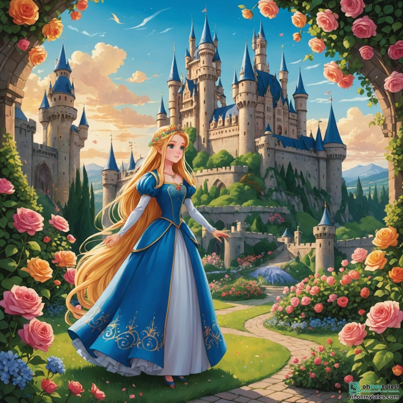 Une illustration destinée aux enfants représentant une princesse aux longs cheveux dorés, vêtue d'une robe scintillante ornée de fleurs colorées, qui se tient courageusement devant un château majestueux aux tours élancées, entouré de jardins luxuriants où les roses dansent au gré du vent. Dans cette histoire, la princesse doit affronter un sorcier maléfique pour sauver son royaume, tandis qu'un jeune prince au regard déterminé l'accompagne dans cette quête héroïque, le tout se déroulant dans un royaume enchanté où la magie et l'aventure se mêlent à chaque coin de rue.