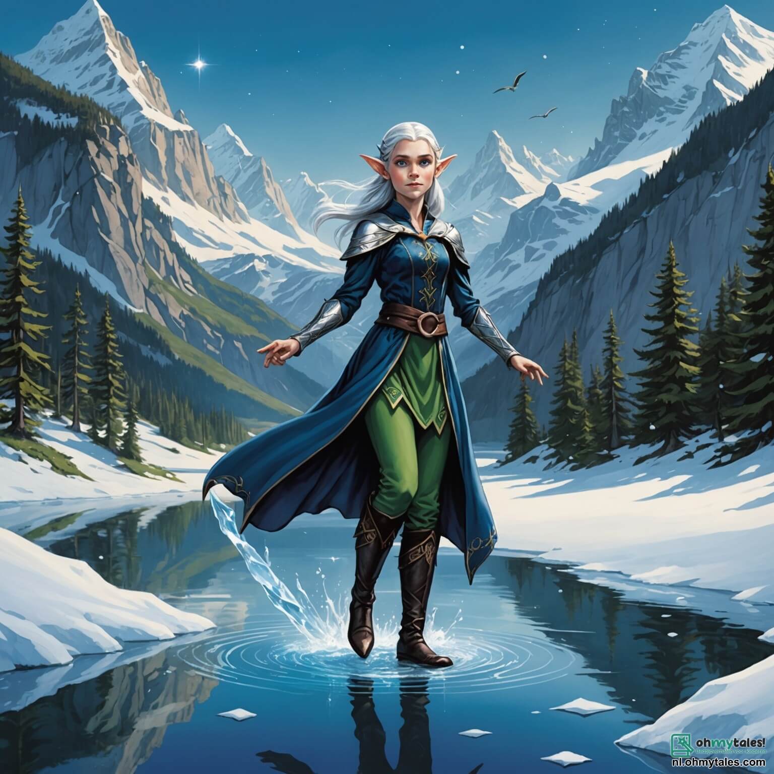 Une illustration destinée aux enfants représentant une elfe aux cheveux argentés flottant comme un ruisseau de lumière, ses yeux d'un bleu profond scintillant d'une curiosité insatiable, se tenant au bord d'un lac cristallin entouré de majestueuses montagnes aux cimes enneigées, où des pixies aux ailes étincelantes, toutes des filles espiègles, dansent autour d'elle, tandis qu'une ombre menaçante, celle d'une sorcière aux longs cheveux noirs comme la nuit, plane sur le paisible royaume d'Eldoria, où la magie des arbres millénaires murmure des secrets oubliés.