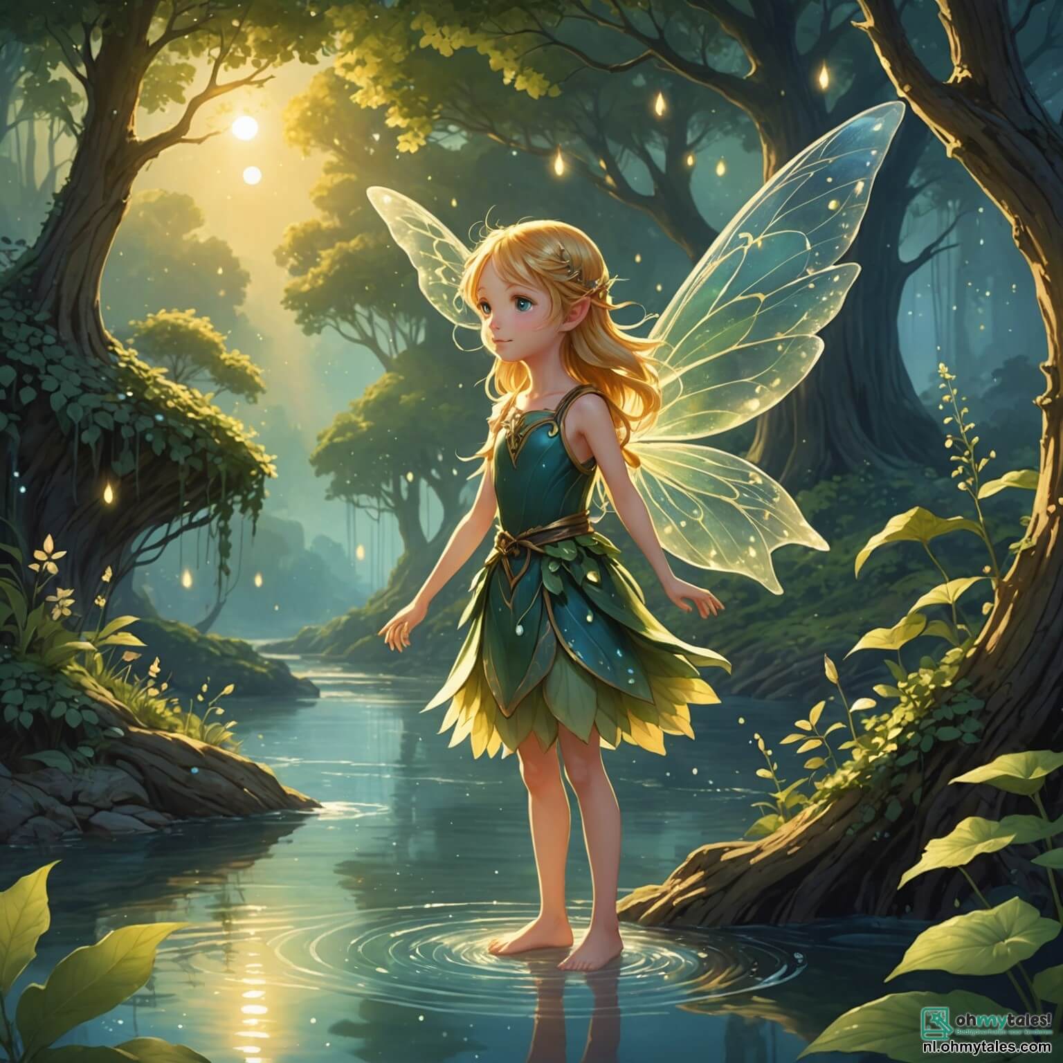 Une illustration destinée aux enfants représentant une petite fée aux ailes scintillantes comme des gouttes de rosée au lever du soleil, avec des cheveux dorés flottant dans le vent doux, se tenant au bord d'une rivière étincelante qui serpente à travers un vaste et mystérieux Magique Bosquet, où les arbres aux troncs noueux et aux feuilles luminescentes murmurent des secrets anciens, tandis qu'elle se prépare à aider un jeune garçon au cœur vaillant qui rêve d'aventures, tout en étant entourée de créatures fantastiques comme des lapins aux yeux pétillants et des oiseaux aux plumes multicolores, tous unis dans une quête pour découvrir les merveilles cachées de ce monde enchanteur.