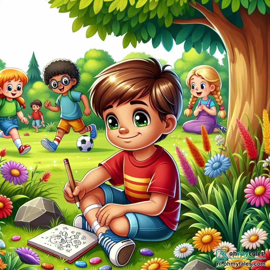 Une illustration sous forme de dessin destinée aux enfants représentant un jardin ensoleillé avec des fleurs colorées et un grand arbre, où un garçon de 7 ans aux cheveux bruns et aux yeux pétillants, vêtu d'un t-shirt rouge et de shorts bleus, est assis sur l'herbe en train de dessiner des pierres brillantes dans un carnet, tandis qu'un groupe d'enfants, dont une fille aux cheveux blonds tressés portant une robe jaune et un garçon aux lunettes rondes et aux cheveux noirs, jouent au football à proximité, illustrant la joie de découvrir le monde réel après avoir passé trop de temps devant des écrans.