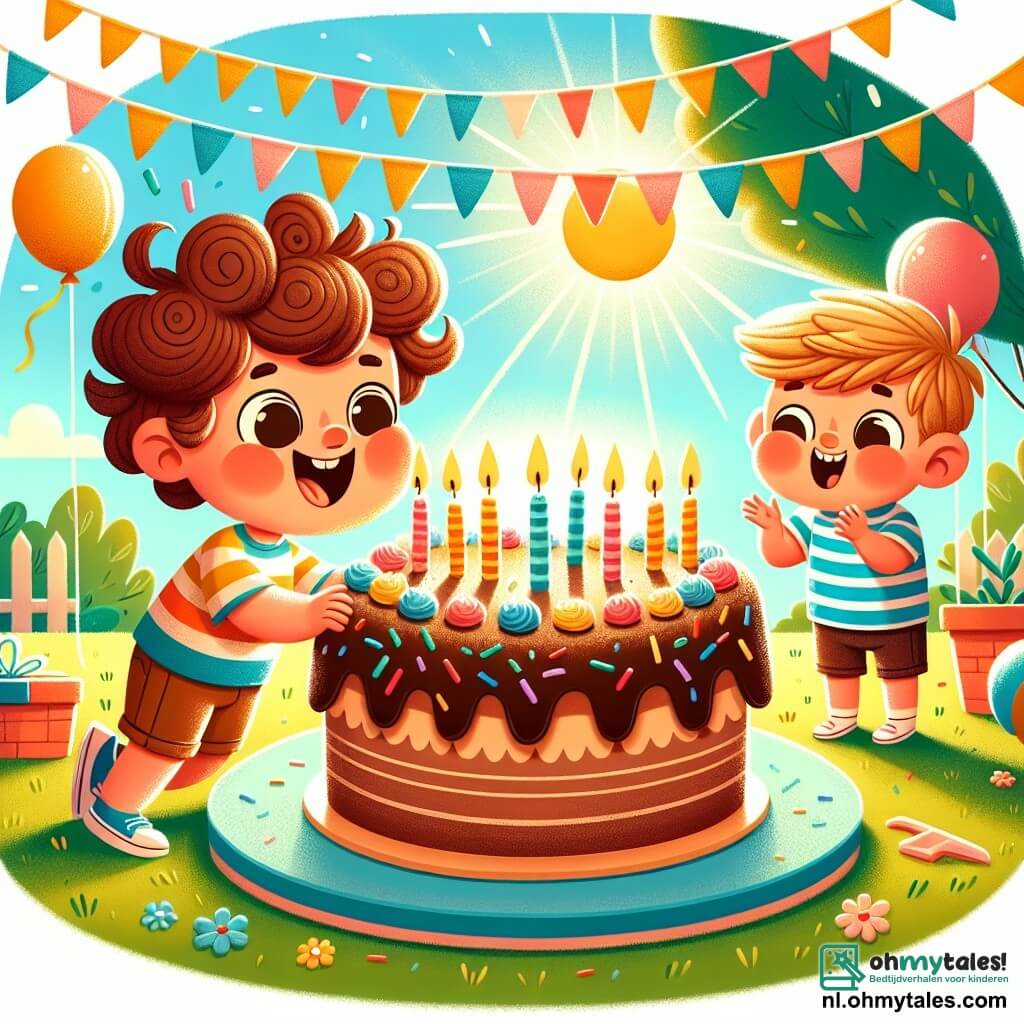 Une illustration sous forme de dessin destinée aux enfants représentant une joyeuse fête d'anniversaire dans un jardin ensoleillé, avec un garçon de 4 ans aux cheveux bruns et bouclés, portant un t-shirt coloré et un short, qui souffle avec enthousiasme sur quatre bougies d'anniversaire plantées sur une grande tarte au chocolat décorée de sprinkles colorés, tandis qu'un autre garçon de 4 ans aux cheveux blonds et courts, vêtu d'un t-shirt rayé, applaudit avec un large sourire, entourés de ballons flottants et de guirlandes festives, capturant l'esprit de joie et d'amitié de cette journée spéciale.