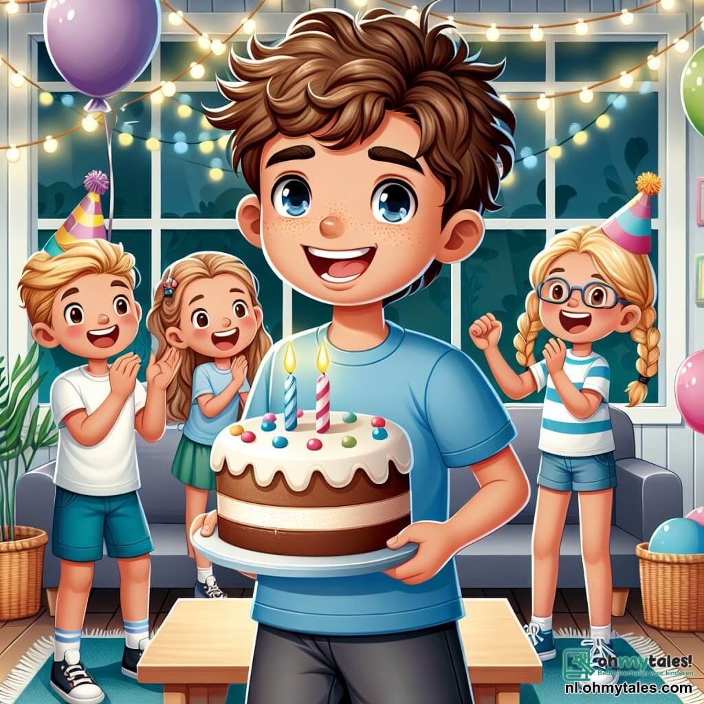Une illustration sous forme de dessin destinée aux enfants représentant une joyeuse fête d'anniversaire dans une salle décorée de ballons colorés et de guirlandes scintillantes, où un garçon de 9 ans aux cheveux bruns et bouclés, portant un t-shirt bleu et un short, sourit en tenant une grande part de gâteau, tandis qu'un groupe d'amis, dont une fille aux cheveux blonds tressés et un garçon aux lunettes, applaudissent et rient autour de lui, créant une atmosphère festive et pleine de bonheur.
