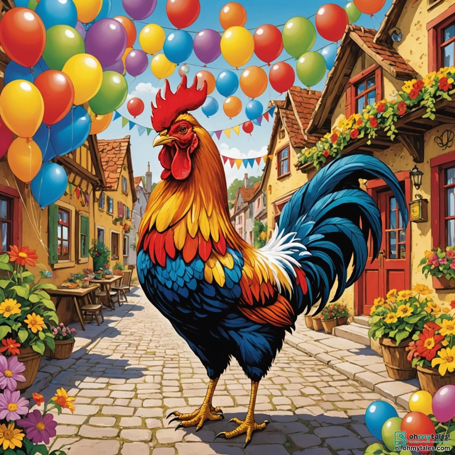 Une illustration destinée aux enfants représentant un coq flamboyant aux plumes dorées et rouges, se pavanant fièrement sur une scène colorée dans le charmant village de Klokland, où des animaux joyeux comme un lapin espiègle aux grandes oreilles et une souris malicieuse aux yeux pétillants s'affairent autour d'une grande table décorée de guirlandes de fleurs éclatantes et de ballons flottants, tous impatients de participer à une hilarante compétition culinaire pleine de surprises et de rires, sous un ciel bleu azur parsemé de nuages cotonneux.