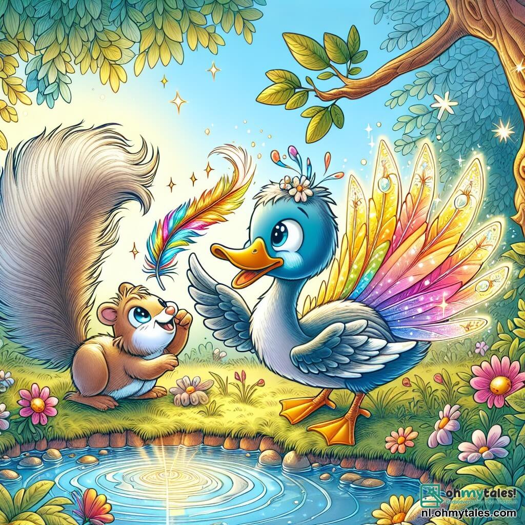 Une illustration sous forme de dessin destinée aux enfants représentant un magnifique matin dans un forêt enchantée, avec un canard aux plumes scintillantes comme la lune, cherchant désespérément sa précieuse plume arc-en-ciel au bord d'un miroir d'eau étincelant, tandis qu'un écureuil curieux aux yeux pétillants l'encourage joyeusement depuis une branche, entourés de fleurs colorées et de rayons de soleil filtrant à travers les feuilles, capturant l'esprit d'aventure et d'amitié de leur quête magique.
