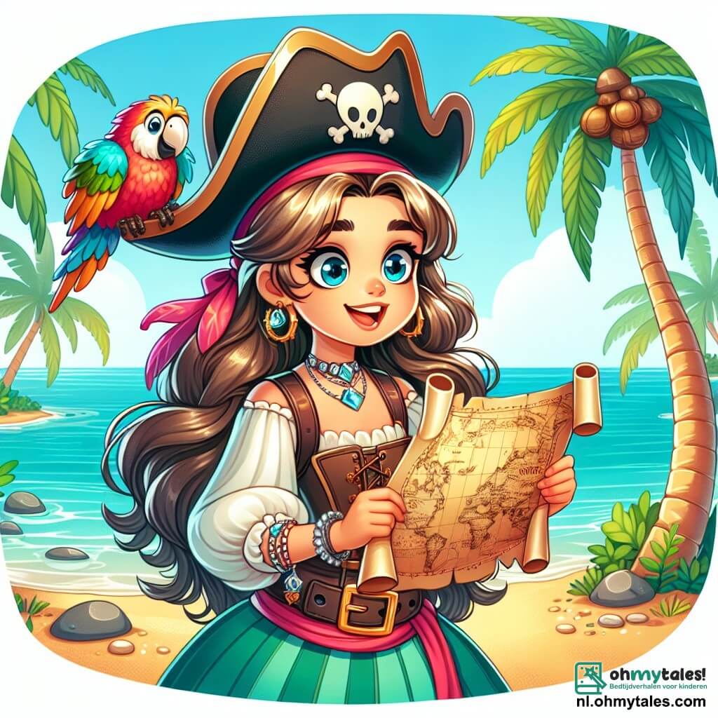 Une illustration sous forme de dessin destinée aux enfants représentant une plage ensoleillée avec des palmiers verdoyants et une mer turquoise, où une jeune femme pirate aux longs cheveux ondulés et aux yeux bleus, portant une élégante tenue de pirate avec une grande hat et une plume colorée, examine une ancienne carte au trésor avec enthousiasme, tandis qu'un petit perroquet coloré, perché sur son épaule, regarde avec curiosité, le tout illustrant leur quête d'aventure à la recherche d'une mystérieuse cachette de trésor sur une île inconnue.
