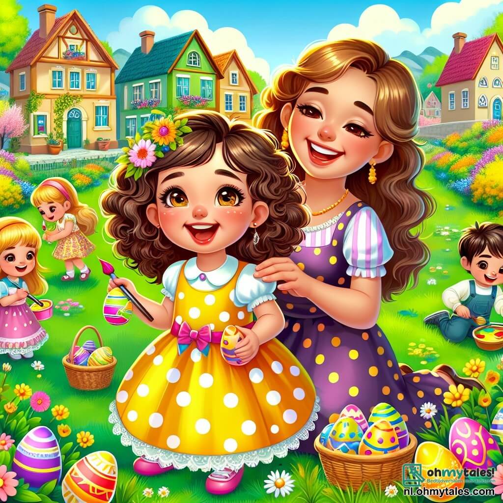 Une illustration sous forme de dessin destinée aux enfants représentant un charmant village ensoleillé avec des maisons colorées et des fleurs éclatantes, où une petite fille de 5 ans aux cheveux bouclés et aux yeux pétillants, vêtue d'une robe jaune à pois blancs, peint joyeusement des œufs de Pâques avec sa maman, une femme souriante aux cheveux châtains, tandis qu'un groupe d'enfants, dont un garçon aux lunettes et une fille avec une tresse, s'amusent à chercher des œufs cachés dans l'herbe verte, créant une atmosphère festive et joyeuse de célébration de Pâques.