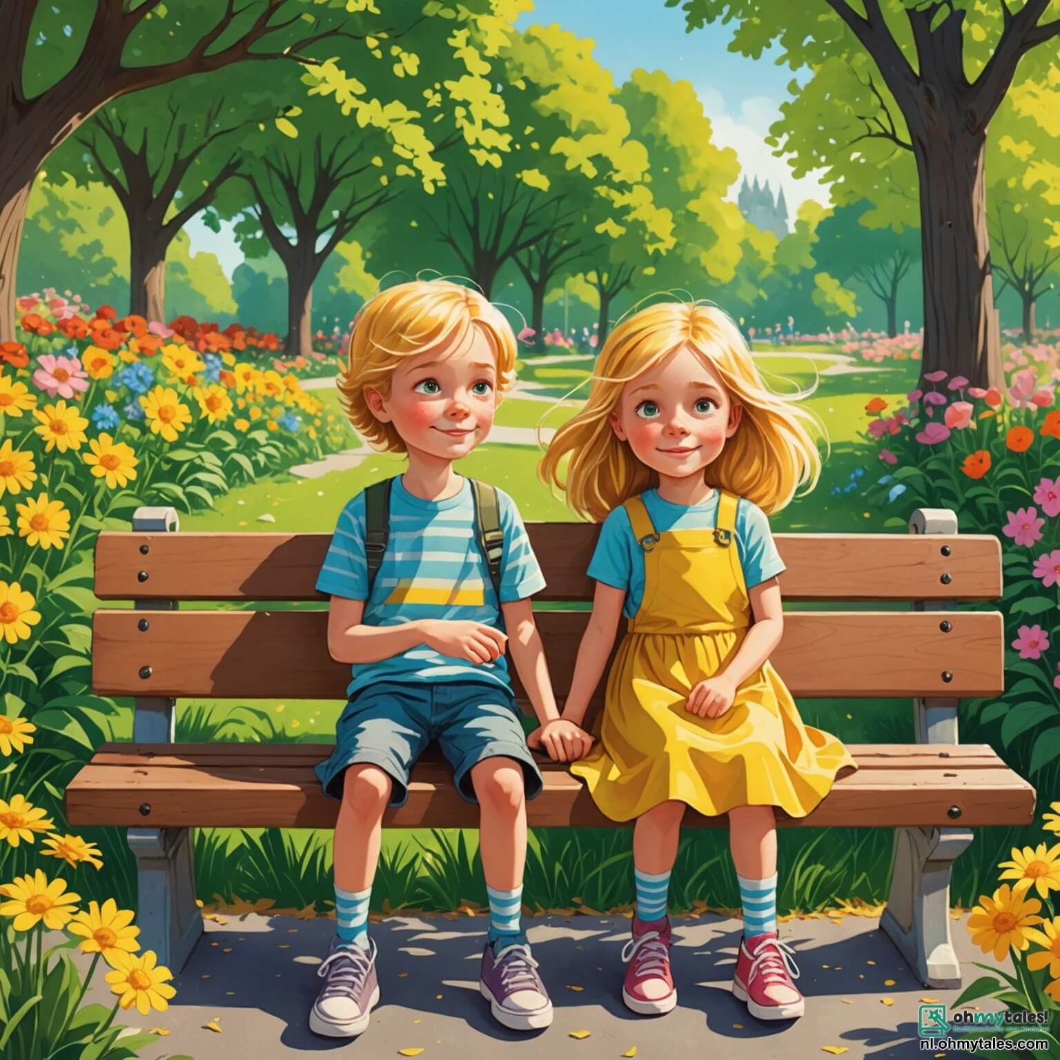 Une illustration destinée aux enfants représentant une jeune fille aux cheveux dorés comme les rayons du soleil, assise sur un banc dans un parc verdoyant où les fleurs colorées dansent sous la brise légère, entourée de son petit frère espiègle aux yeux pétillants de curiosité, alors qu'elle se débat avec la fatigue d'une maladie mystérieuse qui l'empêche de jouer comme avant, tandis que les rires des autres enfants résonnent au loin, créant un contraste poignant avec son désir de retrouver sa vitalité et de partager des moments de joie avec sa famille.