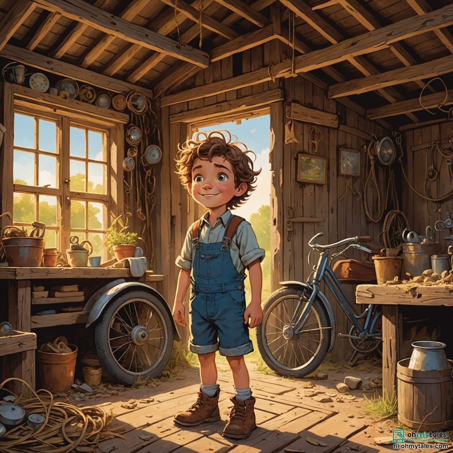 Une illustration destinée aux enfants représentant un garçon aux yeux pétillants de curiosité, aux cheveux ébouriffés, se tenant dans une vieille grange remplie de poussière et de trésors oubliés, où il a construit une incroyable machine à voyager dans le temps à partir d'une vieille bicyclette rouillée, tandis qu'à ses côtés, une fille au sourire éclatant et aux longues tresses l'encourage avec enthousiasme, le tout baigné par la lumière dorée du soleil couchant qui filtre à travers les planches de bois usées, créant une atmosphère magique et pleine de promesses d'aventures à travers les âges.