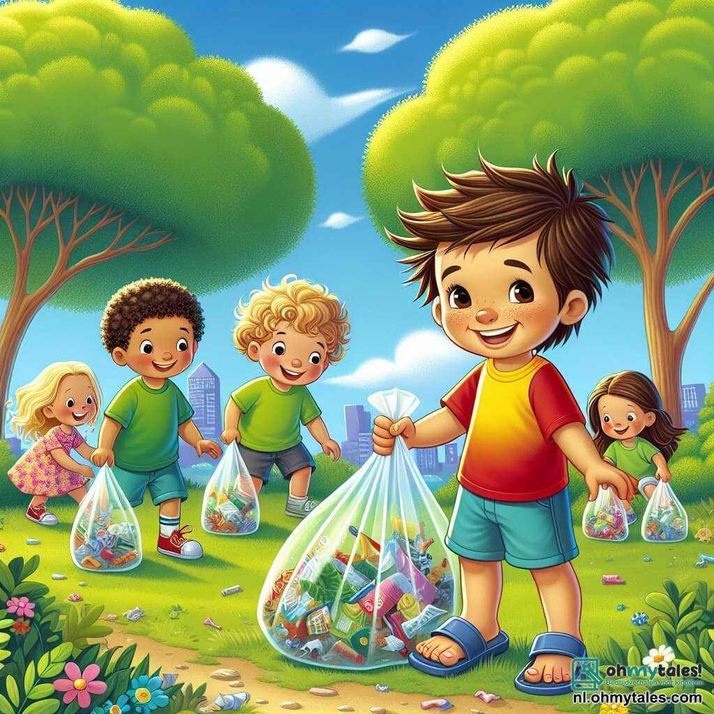 Illustratie van een groen park onder een stralende blauwe lucht, waar grote bomen met weelderige bladeren zachtjes in de wind dansen. Op de voorgrond zit een 3-jarig jongetje met rommelig kastanjebruin haar en een stralende glimlach, terwijl hij een grote doorzichtige plastic zak vol kleurrijk afval vasthoudt. Hij draagt een heldergeel t-shirt en een blauwe short, met sandalen die zijn kleine teentjes blootstellen. Naast hem staat een groep van drie kinderen, twee jongens en een meisje, allemaal ongeveer 5 jaar oud. Een van de jongens heeft krullend haar en draagt een groene t-shirt, terwijl de andere jongen steil haar heeft en een rode t-shirt draagt. Het meisje, in een roze bloemenjurk, glimlacht vrolijk terwijl ze een andere afvalzak vasthoudt. Ze zijn allemaal bezig met het opruimen van afval, wat een enthousiaste en betrokken houding laat zien. De scène vangt de geest van kameraadschap en ecologische verantwoordelijkheid, met kleurrijke bloemen verspreid rondom, vogels die in de lucht vliegen en een bewustwordingsbord voor het milieu op de achtergrond. Kleurrijke vlinders fladderen om hen heen en voegen een vleugje magie toe aan deze mooie opruimdag in het park.
