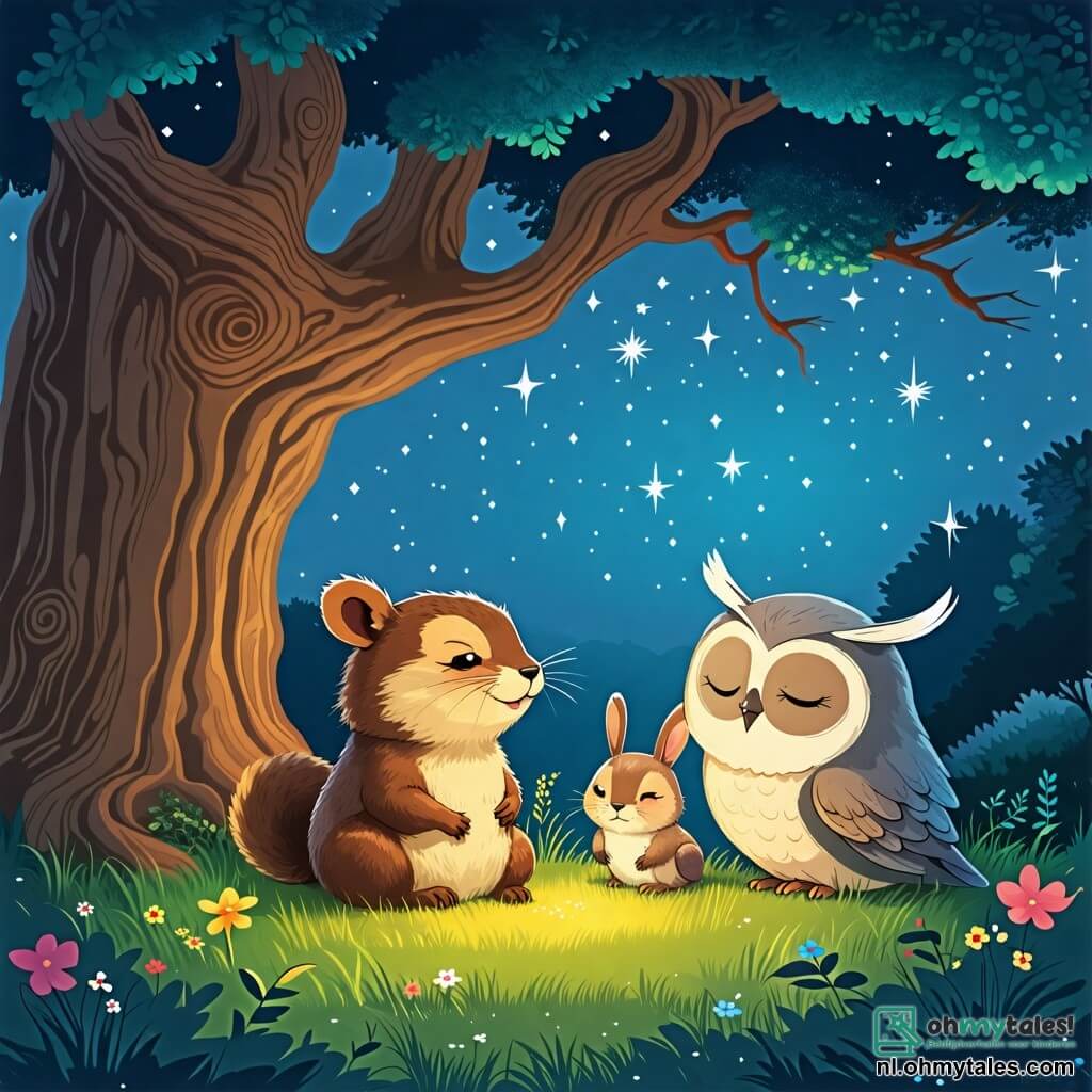 Une illustration sous forme de dessin destinée aux enfants représentant une clairière enchantée sous un grand chêne, où une petite marmotte au pelage doux et brun, avec de grands yeux curieux, est assise sur l'herbe, les pattes levées vers le ciel étoilé, tandis qu'un sage hibou aux plumes grises et un petit lapin aux oreilles longues et blanches, assis à ses côtés, ferment les yeux et rêvent ensemble des étoiles scintillantes, créant une atmosphère magique et joyeuse.