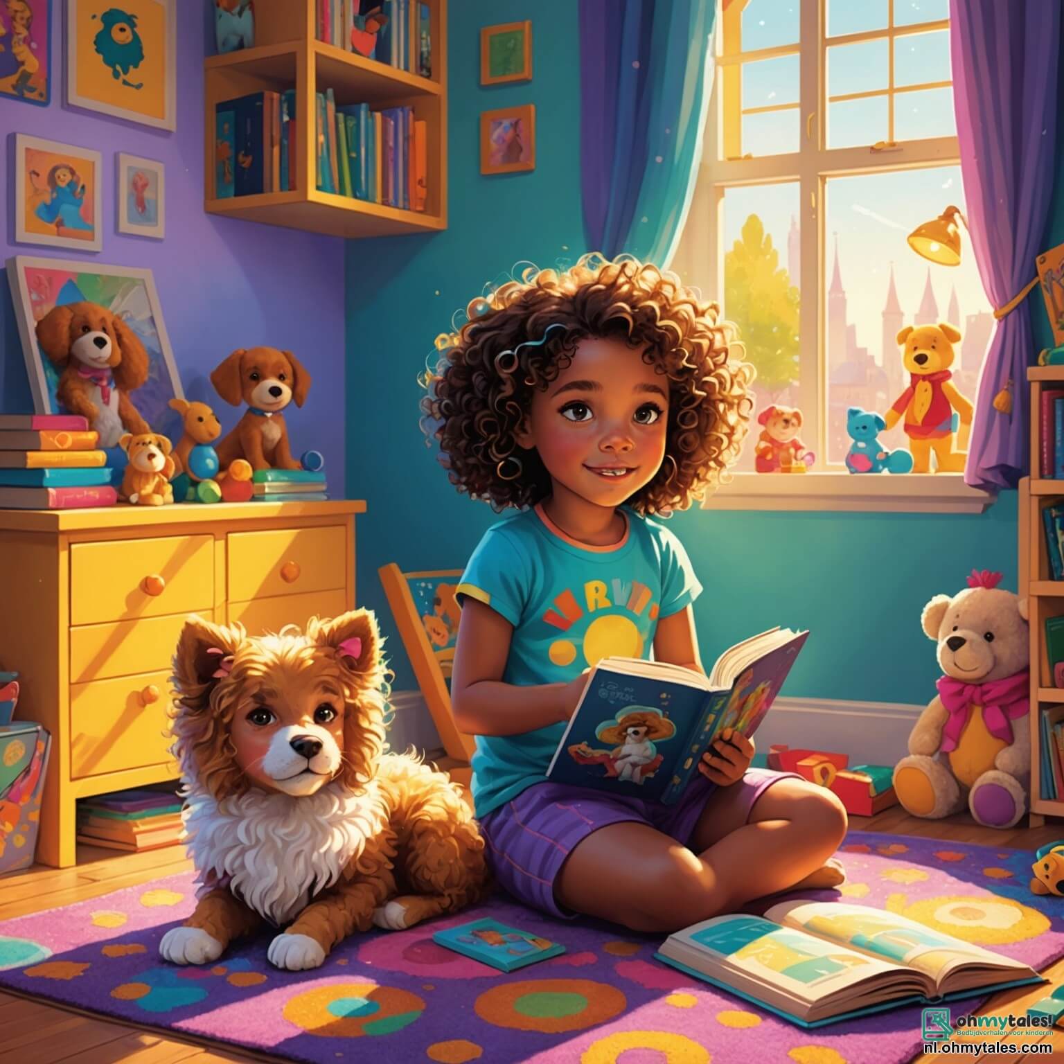 Une illustration destinée aux enfants représentant une fillette aux cheveux bouclés et pétillants, assise sur un tapis coloré dans sa chambre remplie de jouets éclatants, de livres aux couvertures chatoyantes et d'une grande fenêtre laissant entrer la lumière dorée du soleil, alors qu'elle se retrouve face à un écran lumineux qui l'absorbe dans un monde virtuel fascinant, tandis que son fidèle chien aux yeux brillants et à la fourrure douce, couché à ses pieds, et ses amies aux rires contagieux, aux cheveux tressés et aux sourires radieux, l'encouragent à quitter ce monde numérique pour explorer les merveilles du parc verdoyant à l'extérieur, où les arbres dansent au gré du vent et les oiseaux chantent des mélodies joyeuses.