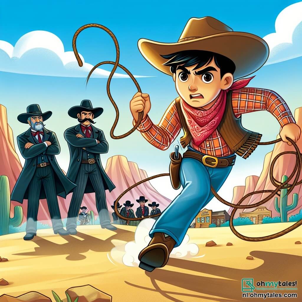 Une illustration sous forme de dessin destinée aux enfants représentant une scène dynamique dans le désert du Far West, avec un homme cowboy courageux, portant un chapeau de cowboy et une chemise à carreaux, brandissant une lasso avec détermination, tandis qu'un groupe de bandits, des hommes au regard sournois et vêtus de vêtements sombres, se tient en arrière-plan, surpris par l'intervention du cowboy qui tente de protéger sa ville, le tout sous un ciel bleu éclatant et des montagnes majestueuses à l'horizon.
